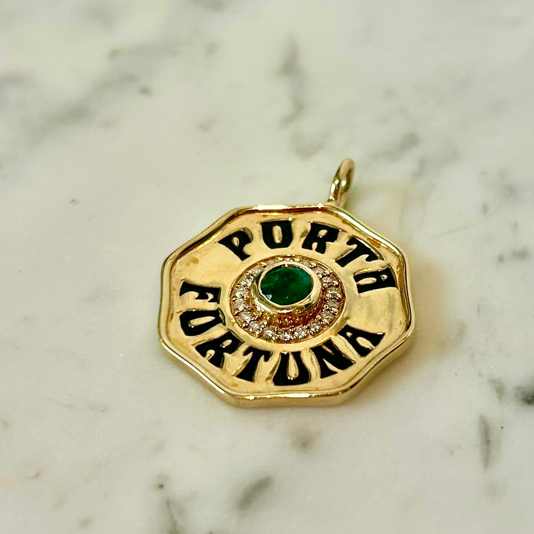 Marlo Laz Large Emerald & Diamond Porta Fortuna Charm in 14k Yellow Gold