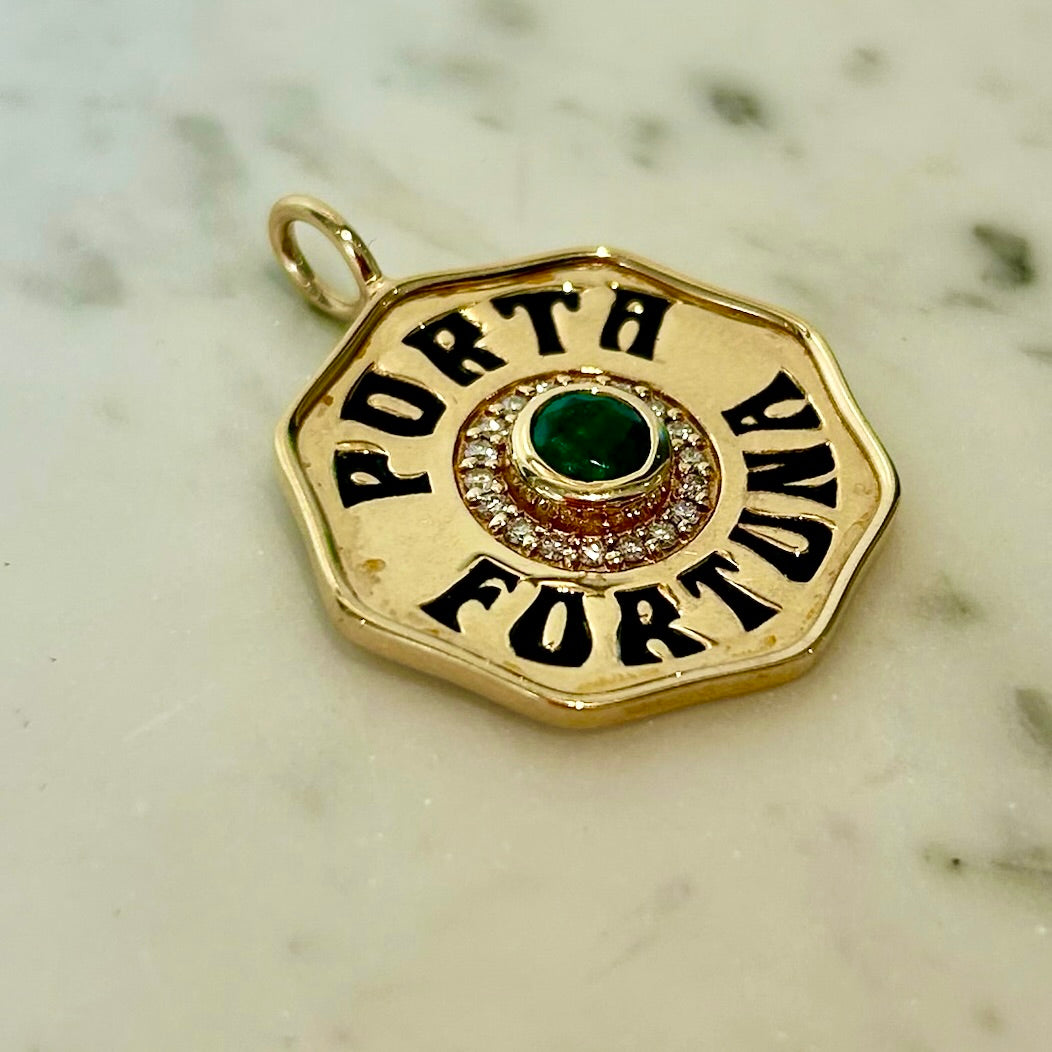 Marlo Laz Large Emerald & Diamond Porta Fortuna Charm in 14k Yellow Gold