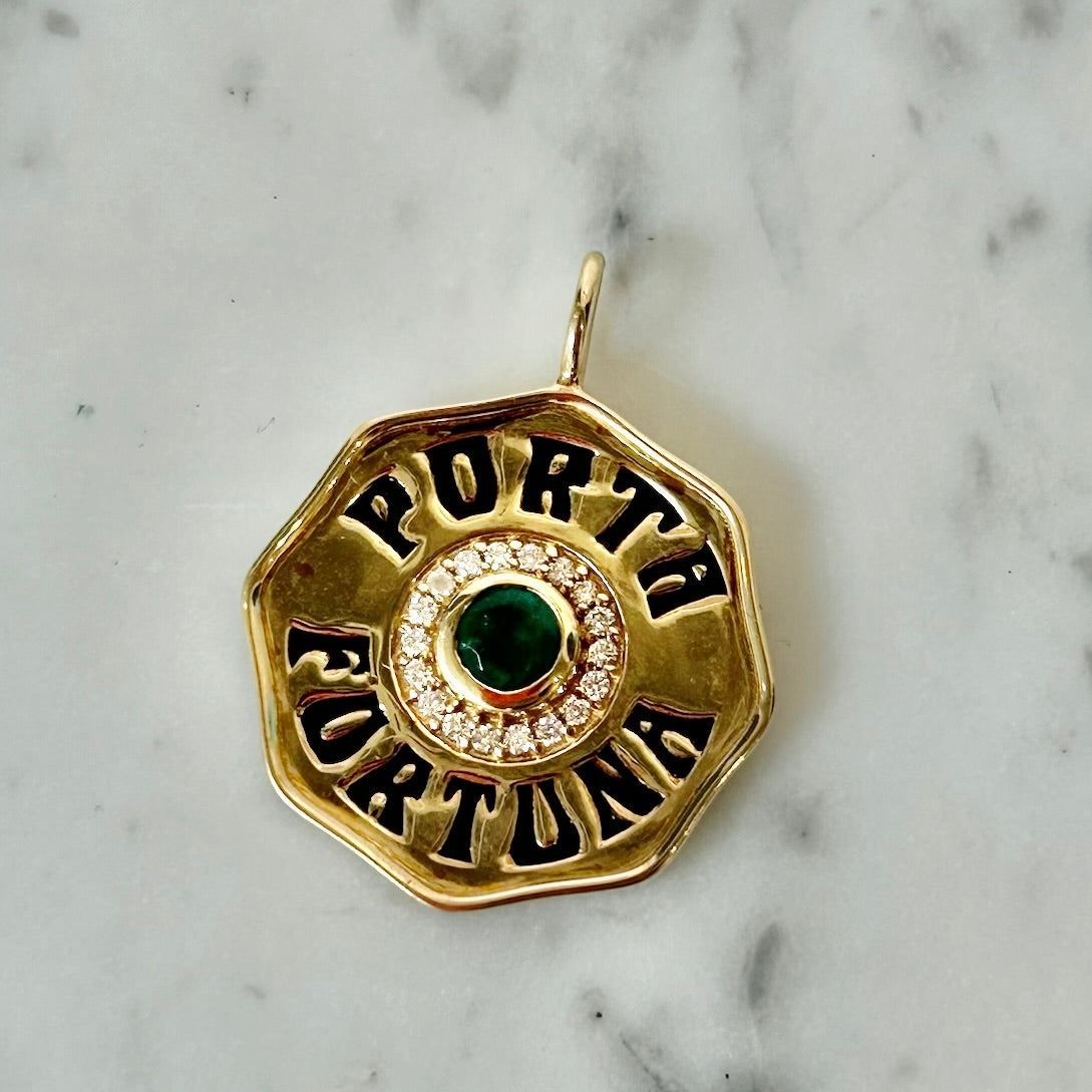 Marlo Laz Large Emerald & Diamond Porta Fortuna Charm in 14k Yellow Gold