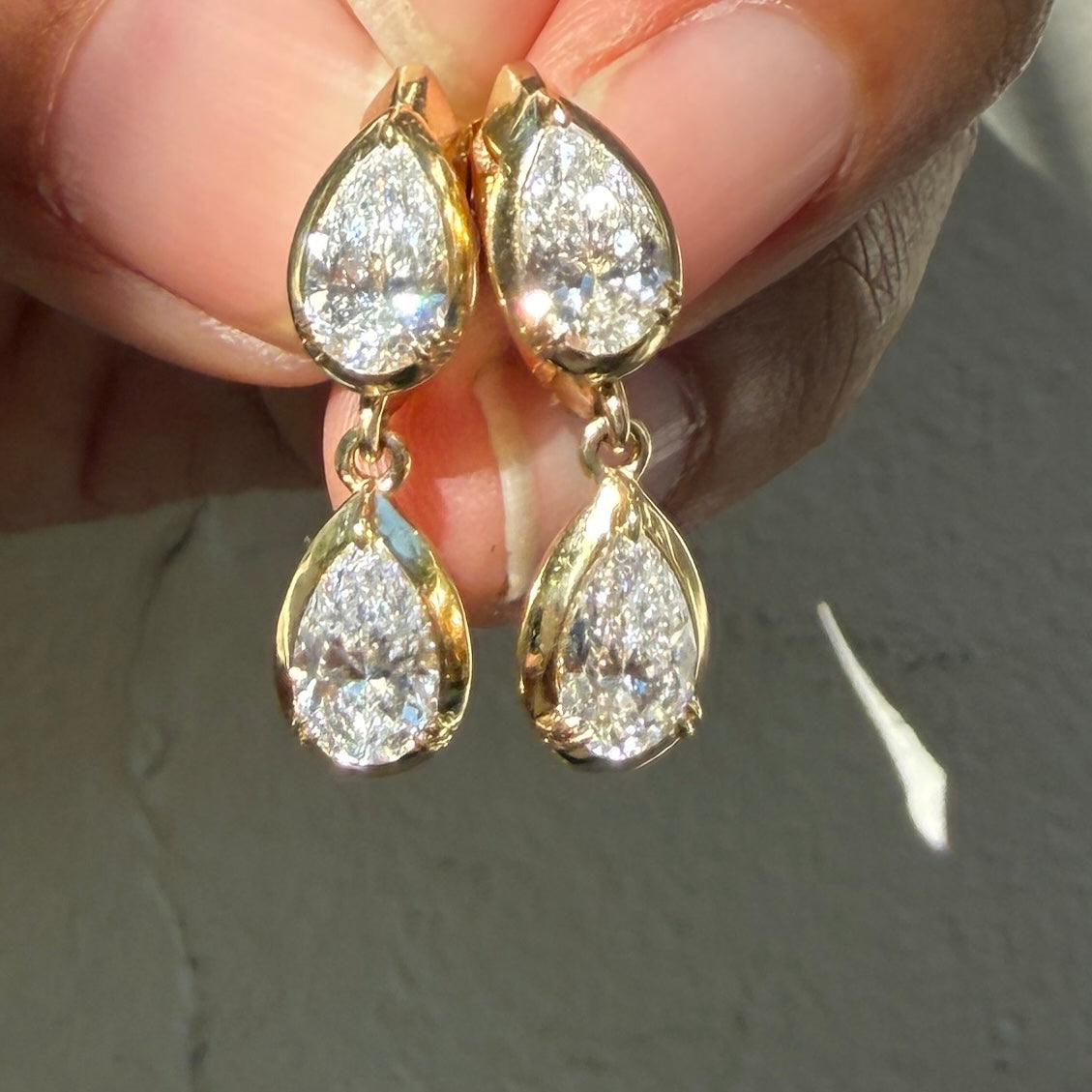 14k Yellow Gold Double Pear Diamond Drop Huggie Earrings
