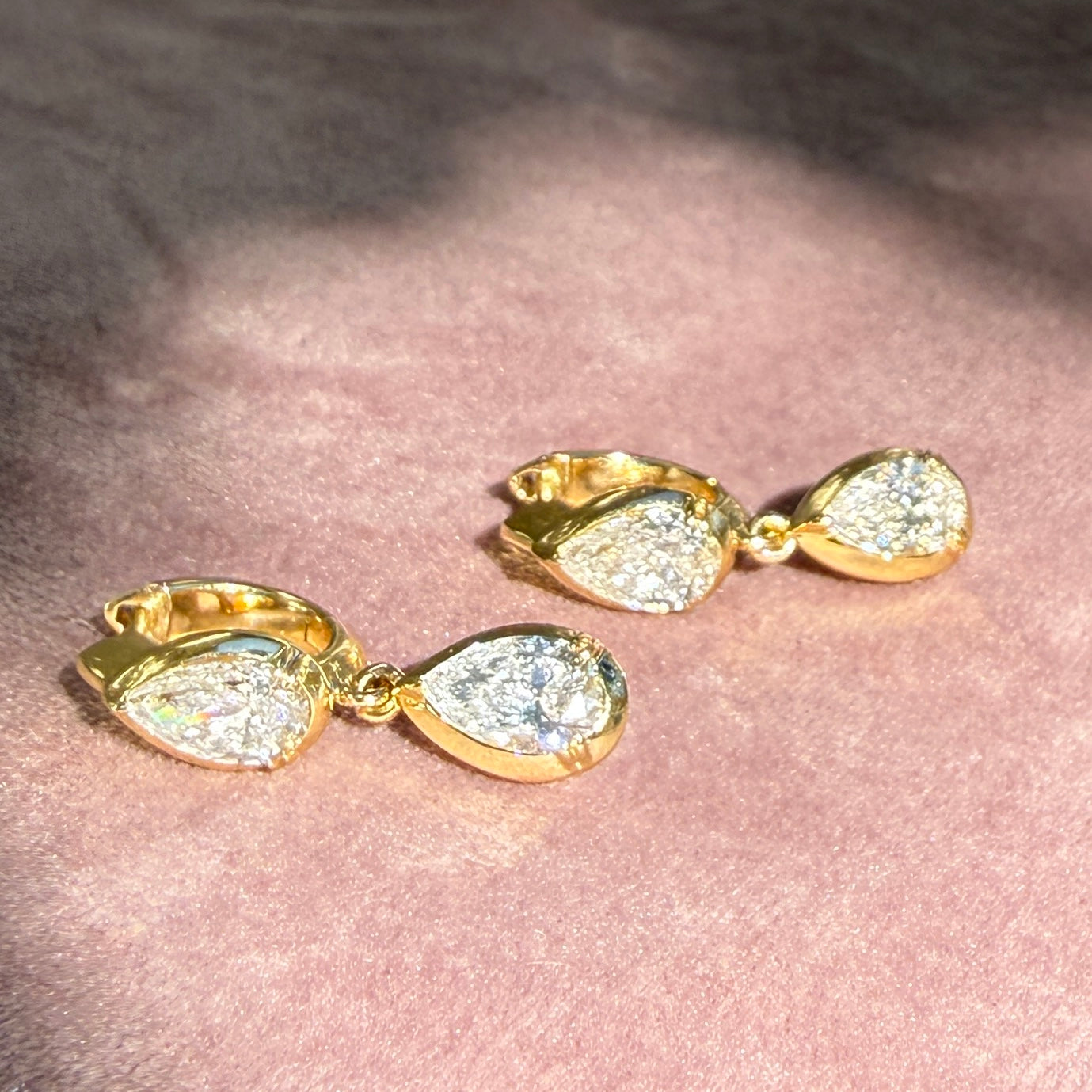 14k Yellow Gold Double Pear Diamond Drop Huggie Earrings