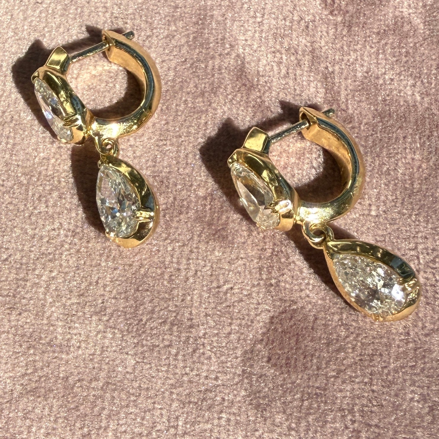 14k Yellow Gold Double Pear Diamond Drop Huggie Earrings