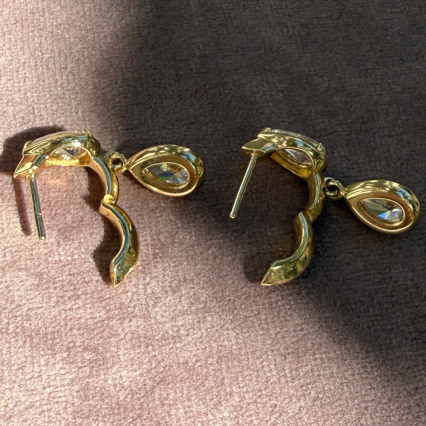14k Yellow Gold Double Pear Diamond Drop Huggie Earrings