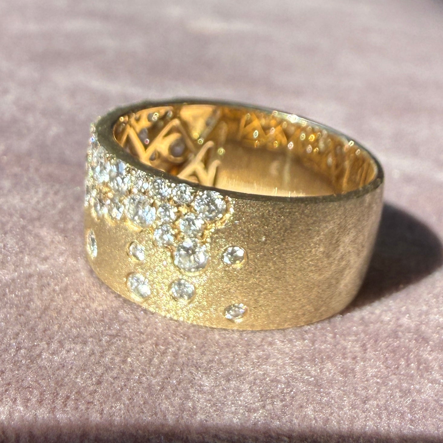 14k Satin Yellow Gold Celestial Stardust Diamond Cigar Band Ring