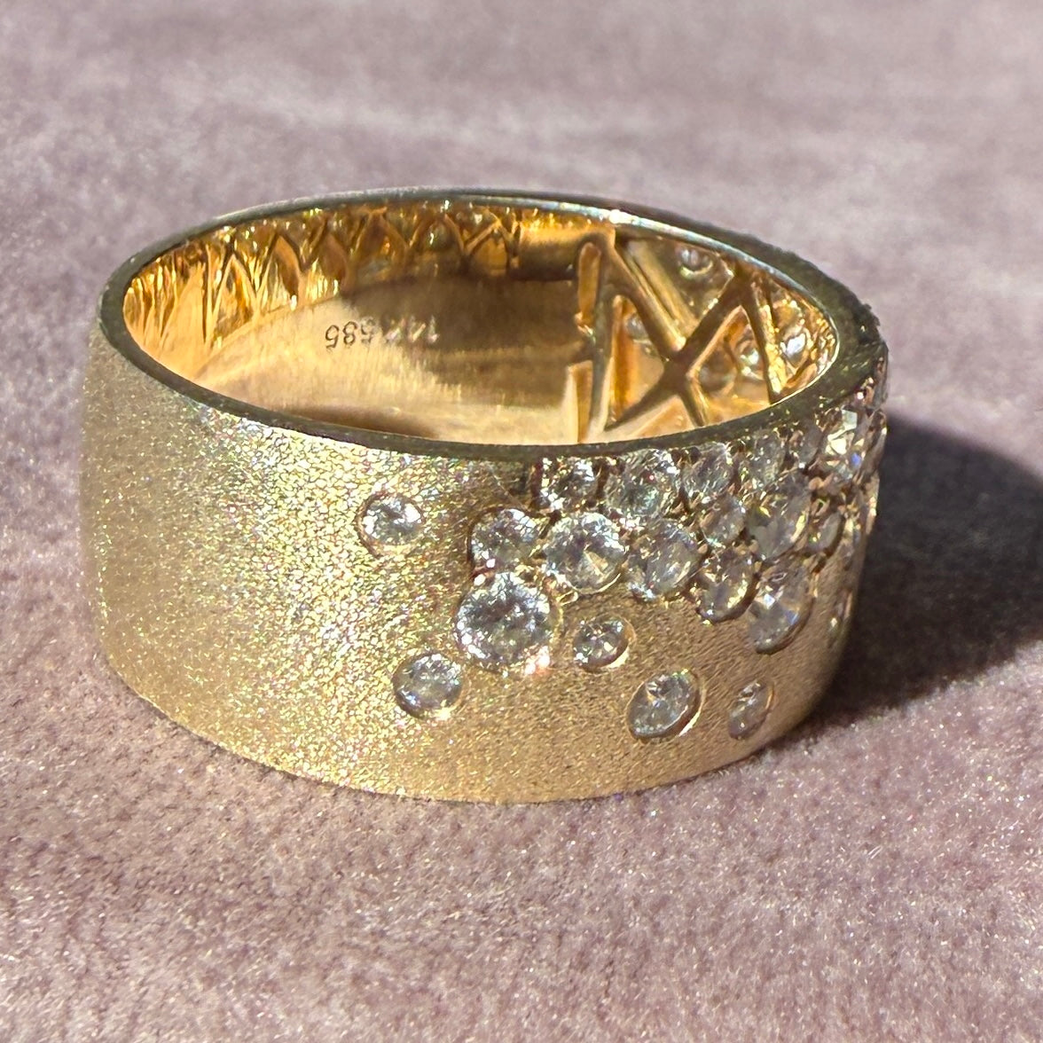 14k Satin Yellow Gold Celestial Stardust Diamond Cigar Band Ring