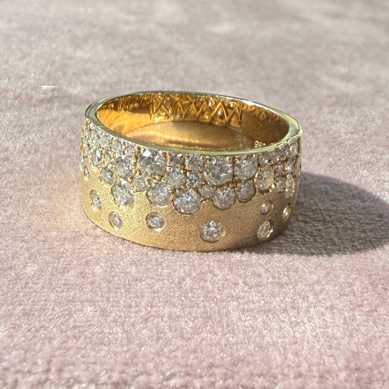 14k Satin Yellow Gold Celestial Stardust Diamond Cigar Band Ring