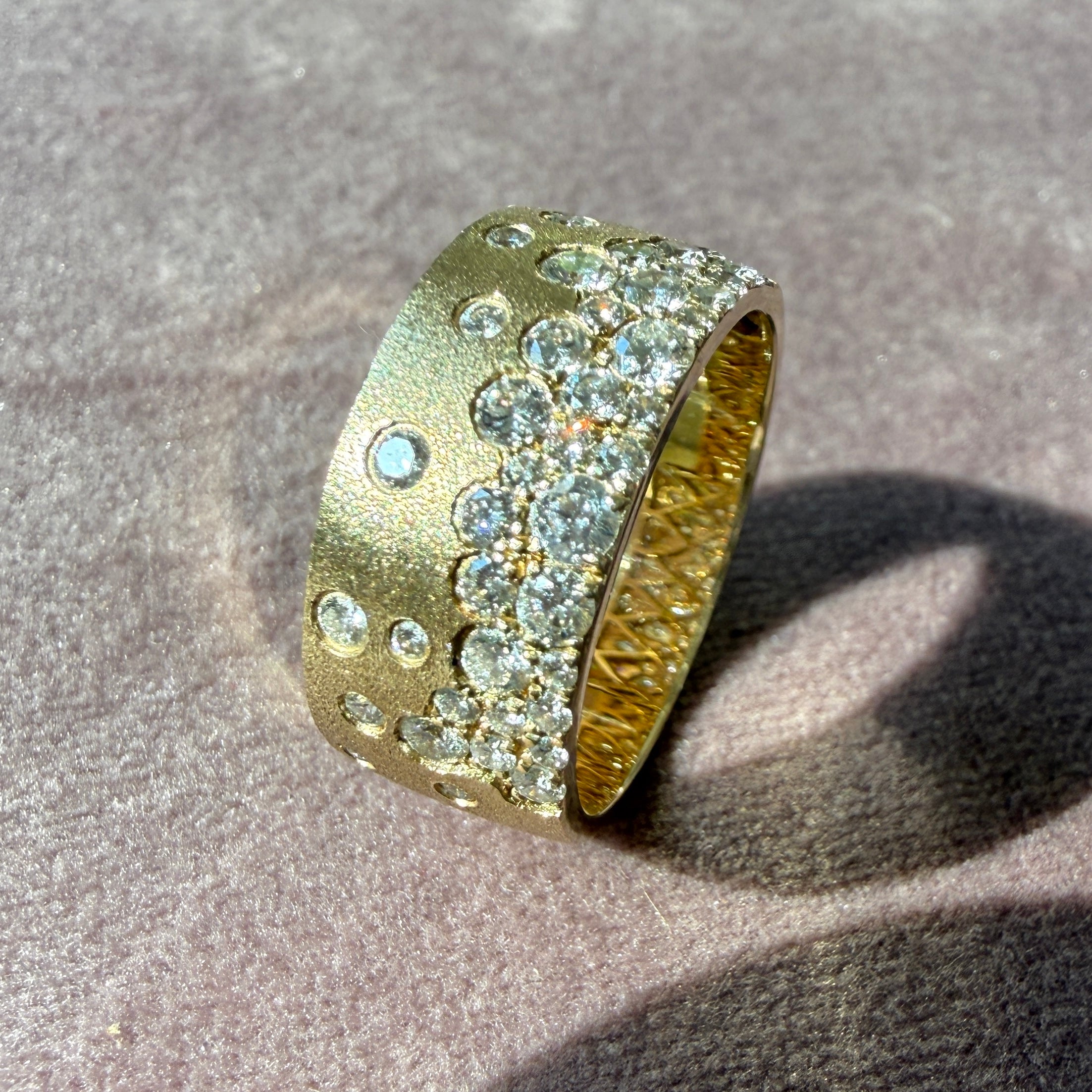 14k Satin Yellow Gold Celestial Stardust Diamond Cigar Band Ring