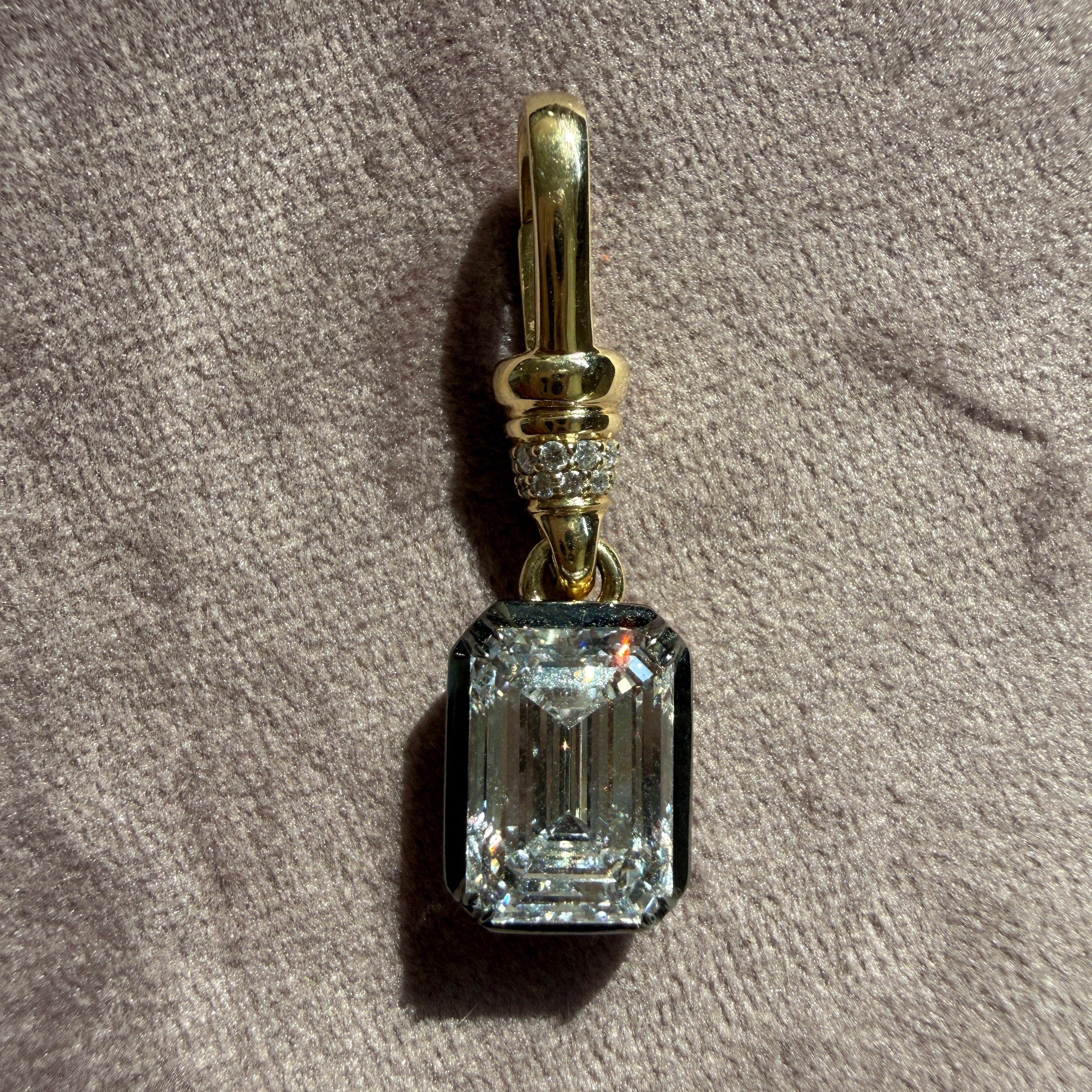 14k Yellow Gold and Black Rhodium Albert Clip Emerald Cut Diamond Charm
