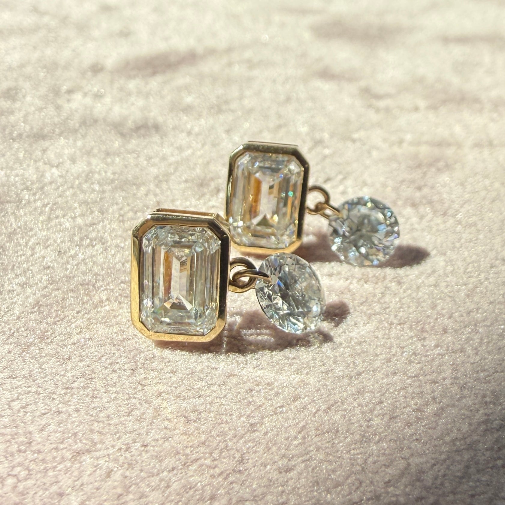 14k Yellow Gold Emerald Cut Diamond Dangle Studs