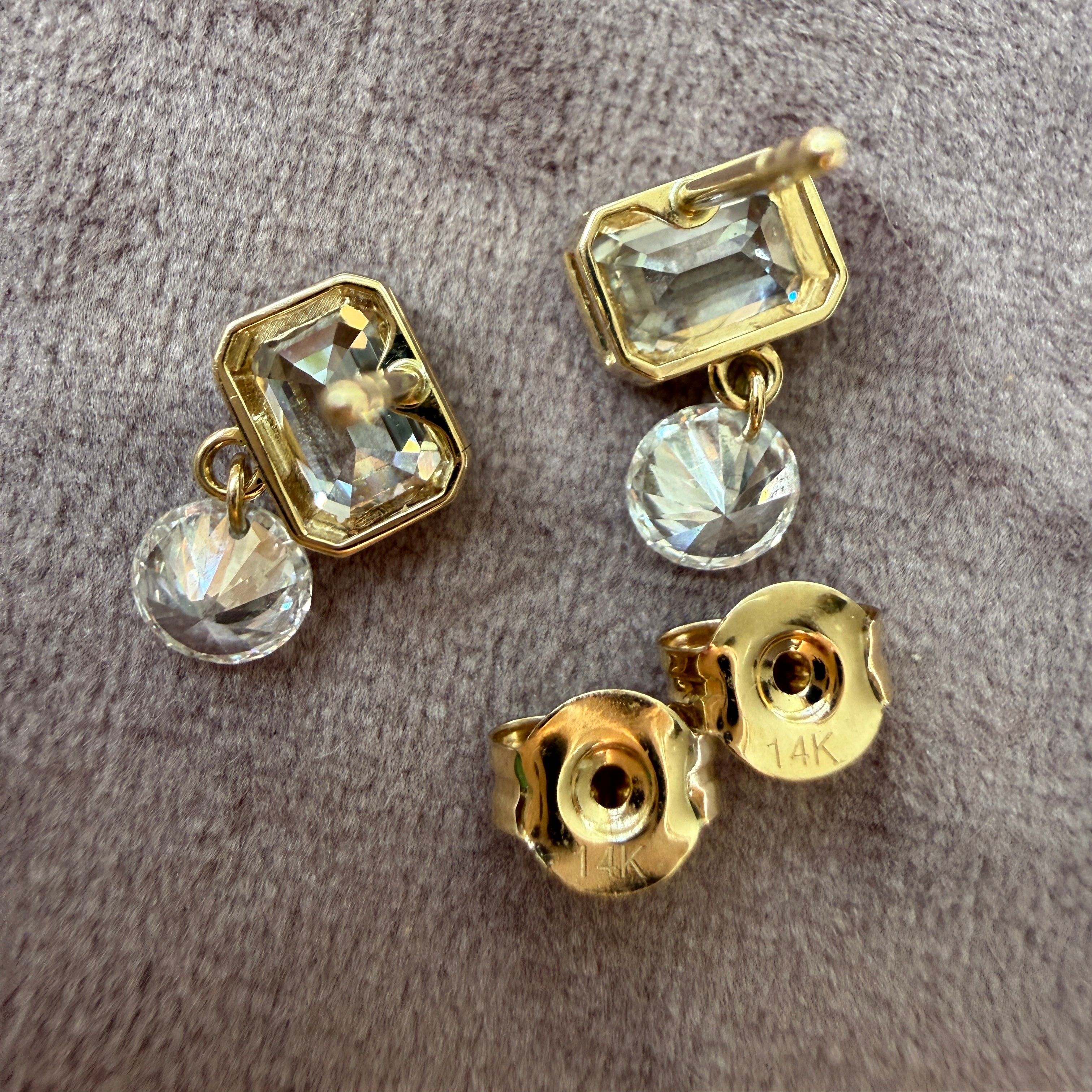 14k Yellow Gold Emerald Cut Diamond Dangle Studs