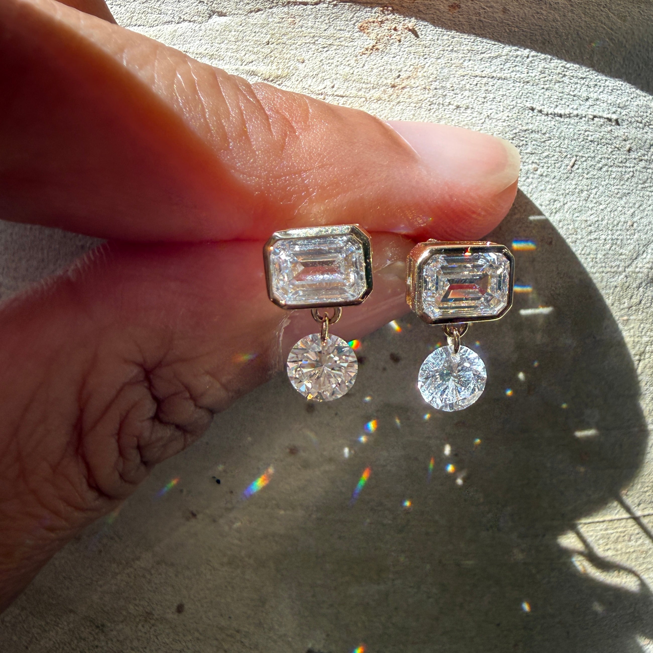 14k Yellow Gold Emerald Cut Diamond Dangle Studs
