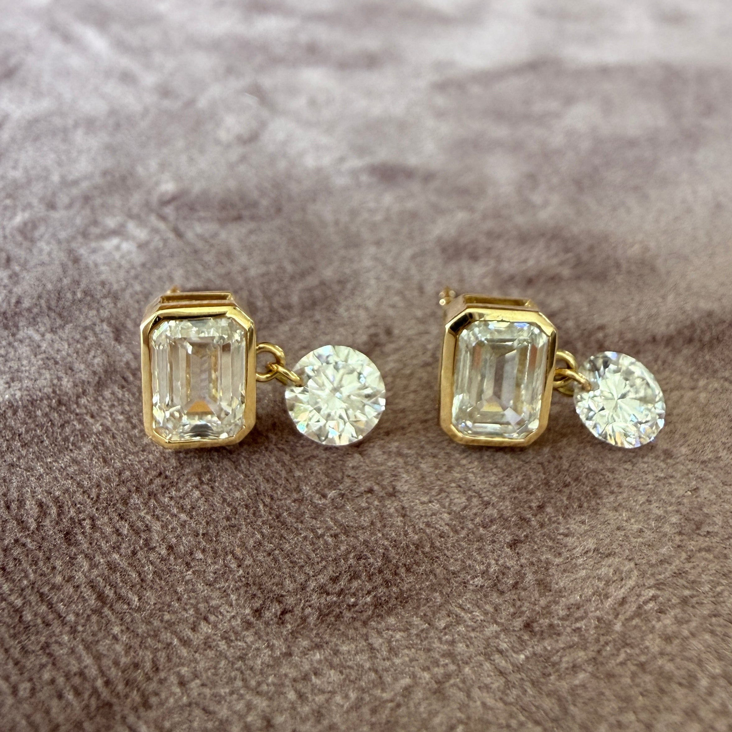 14k Yellow Gold Emerald Cut Diamond Dangle Studs