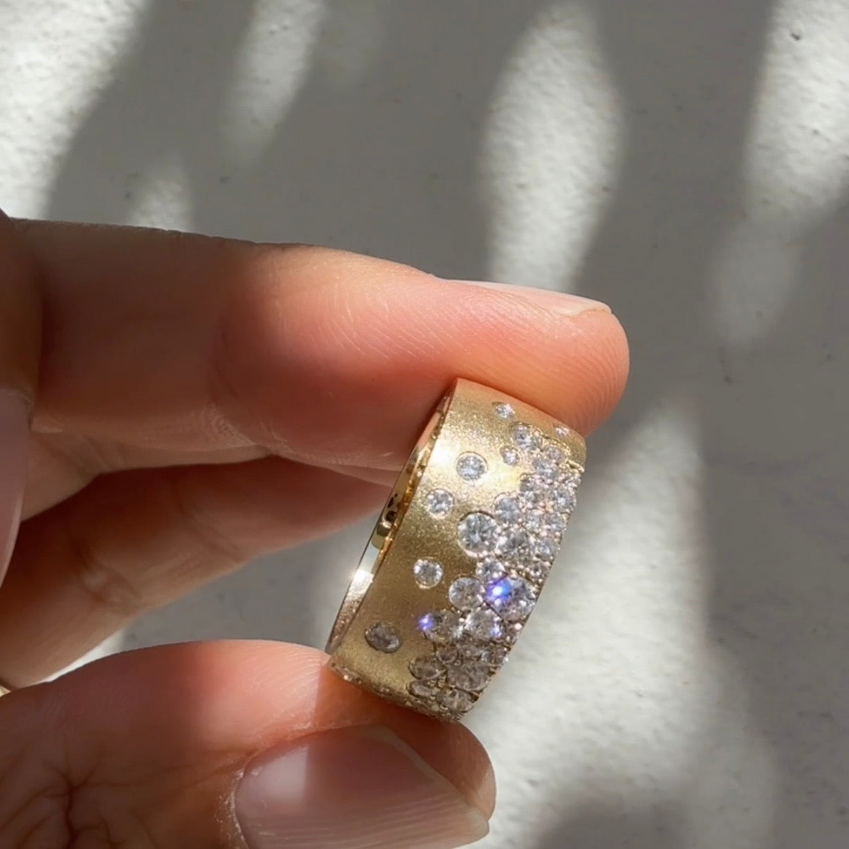 14k Satin Yellow Gold Celestial Stardust Diamond Cigar Band Ring