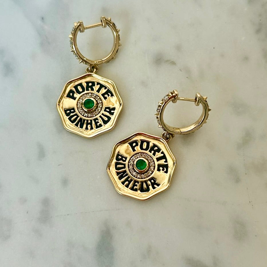 Marlo Laz Porte Bonheur Emerald & Enamel Coin Earrings in 14k Yellow Gold