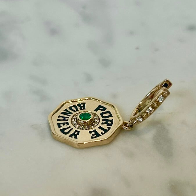 Marlo Laz Porte Bonheur Emerald & Enamel Coin Earrings in 14k Yellow Gold