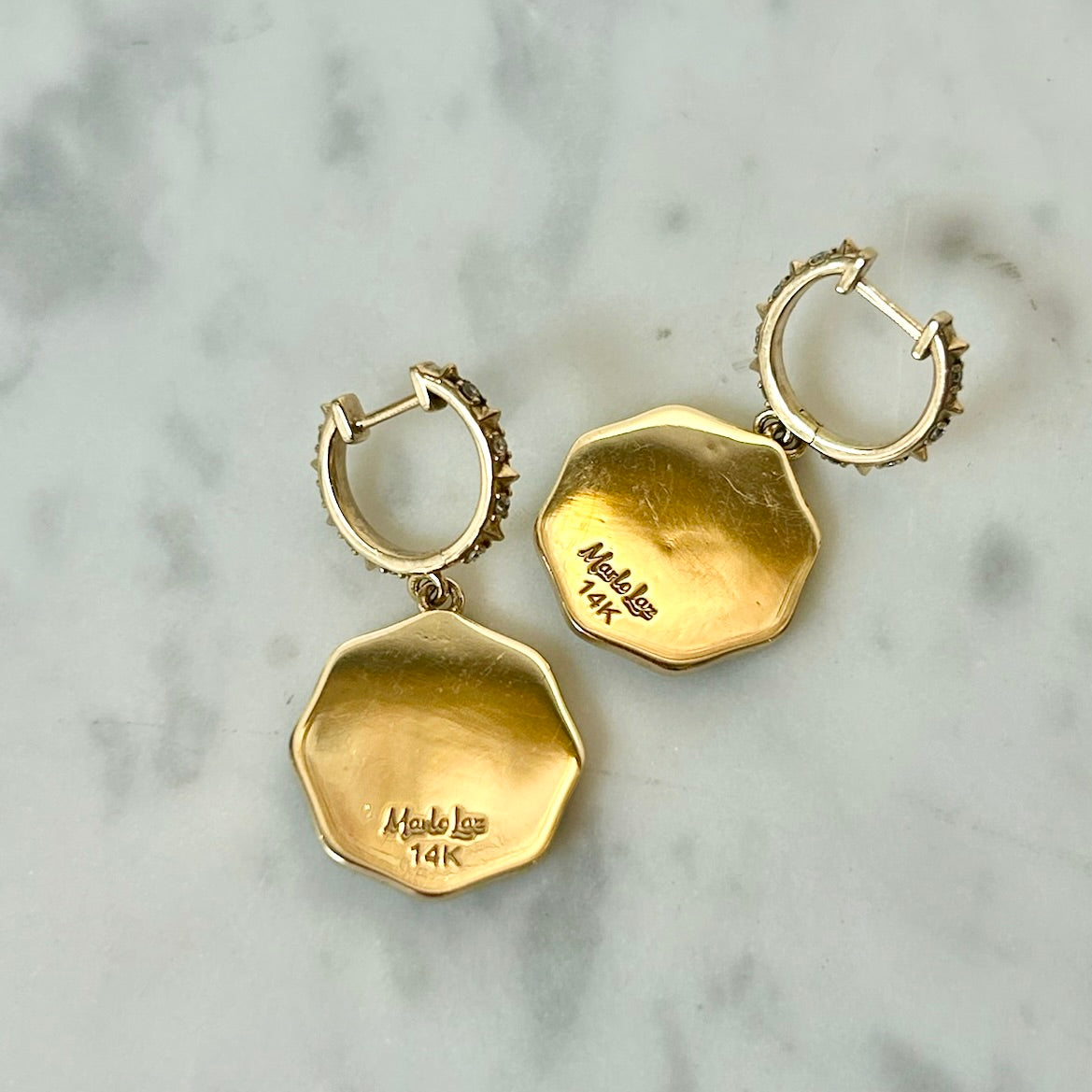 Marlo Laz Porte Bonheur Emerald & Enamel Coin Earrings in 14k Yellow Gold