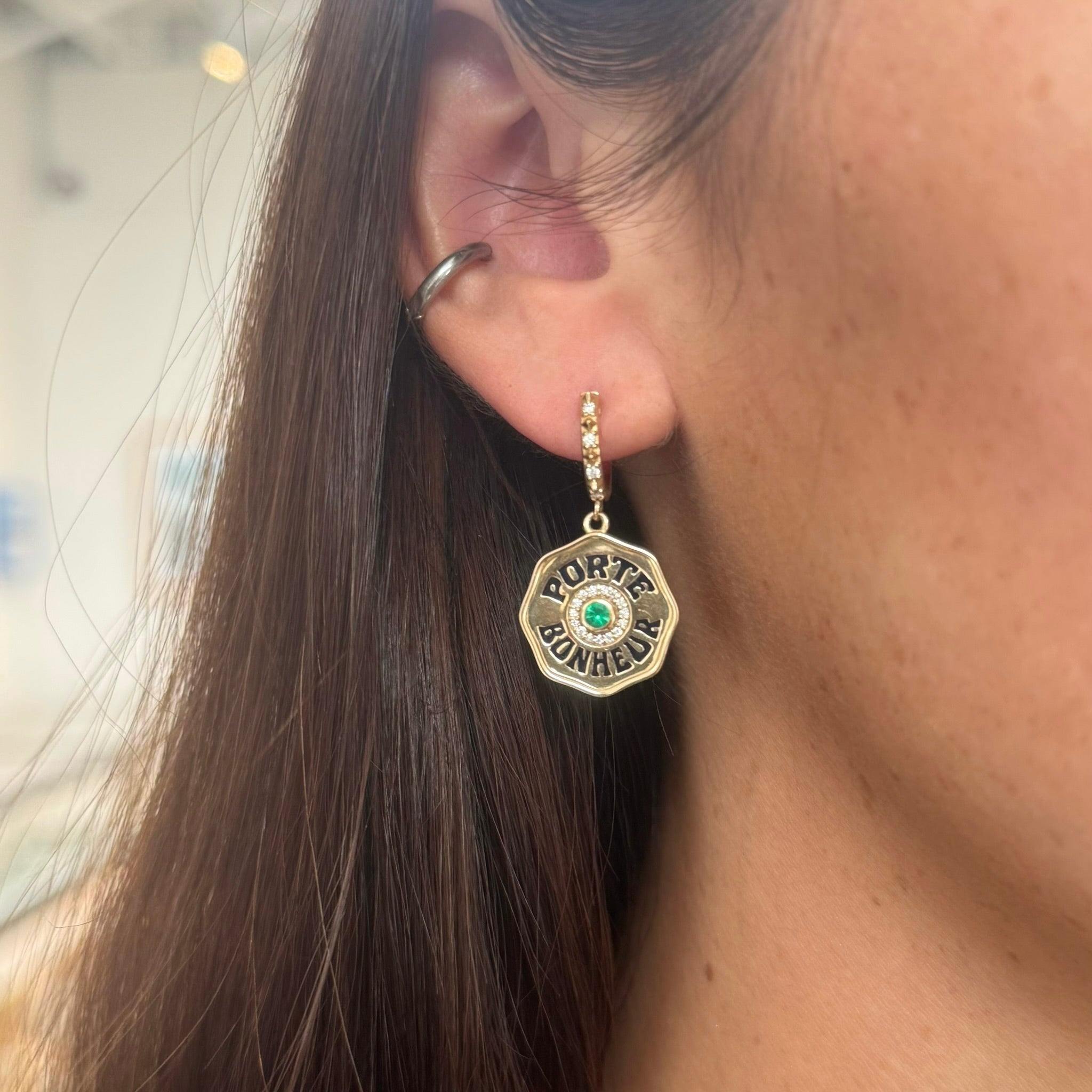 Marlo Laz Porte Bonheur Emerald & Enamel Coin Earrings in 14k Yellow Gold