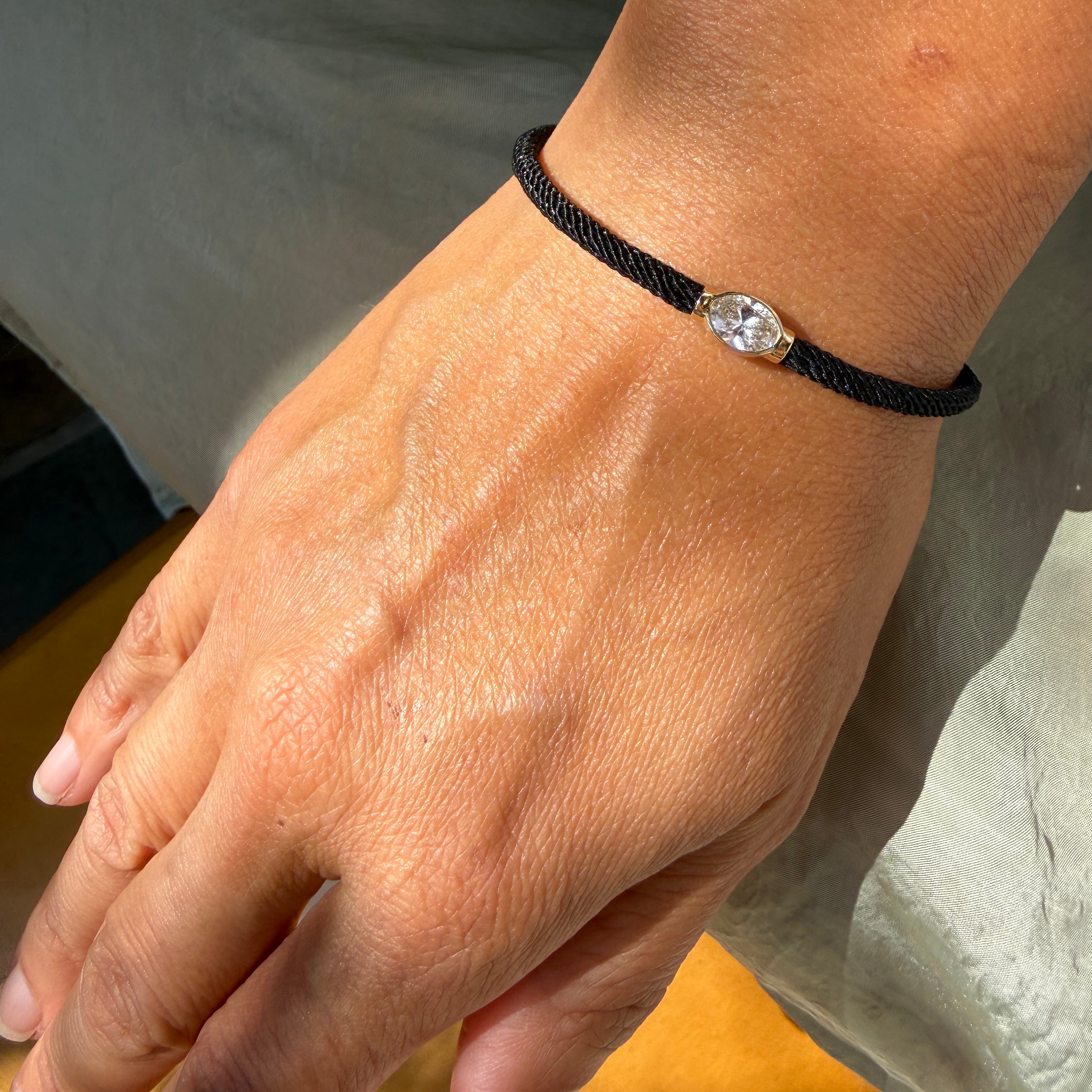14k Yellow Gold Oval Diamond with Black Silk Chord Bracelet