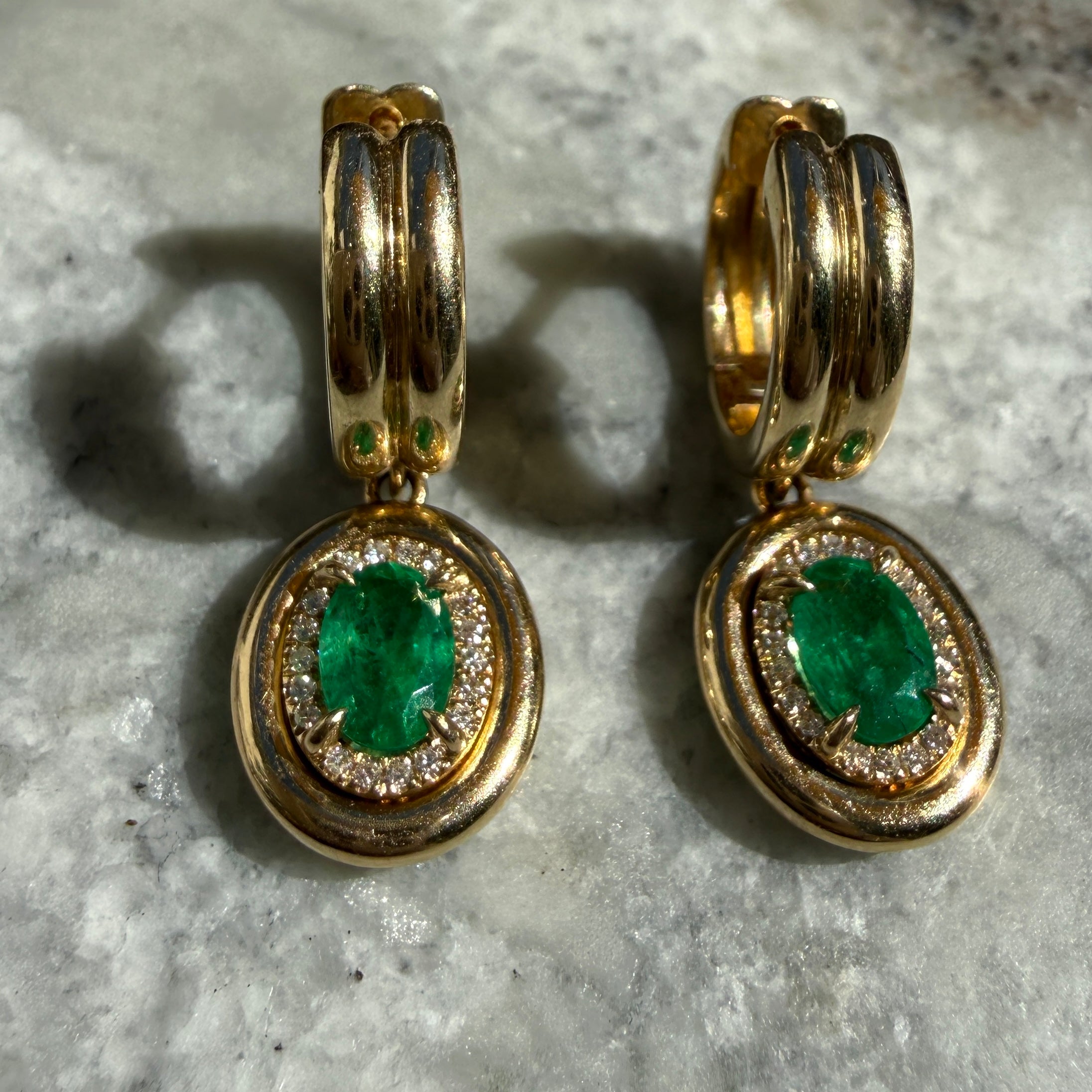 14k Yellow Gold Oval Emerald & Diamond Halo Double Huggie Earrings