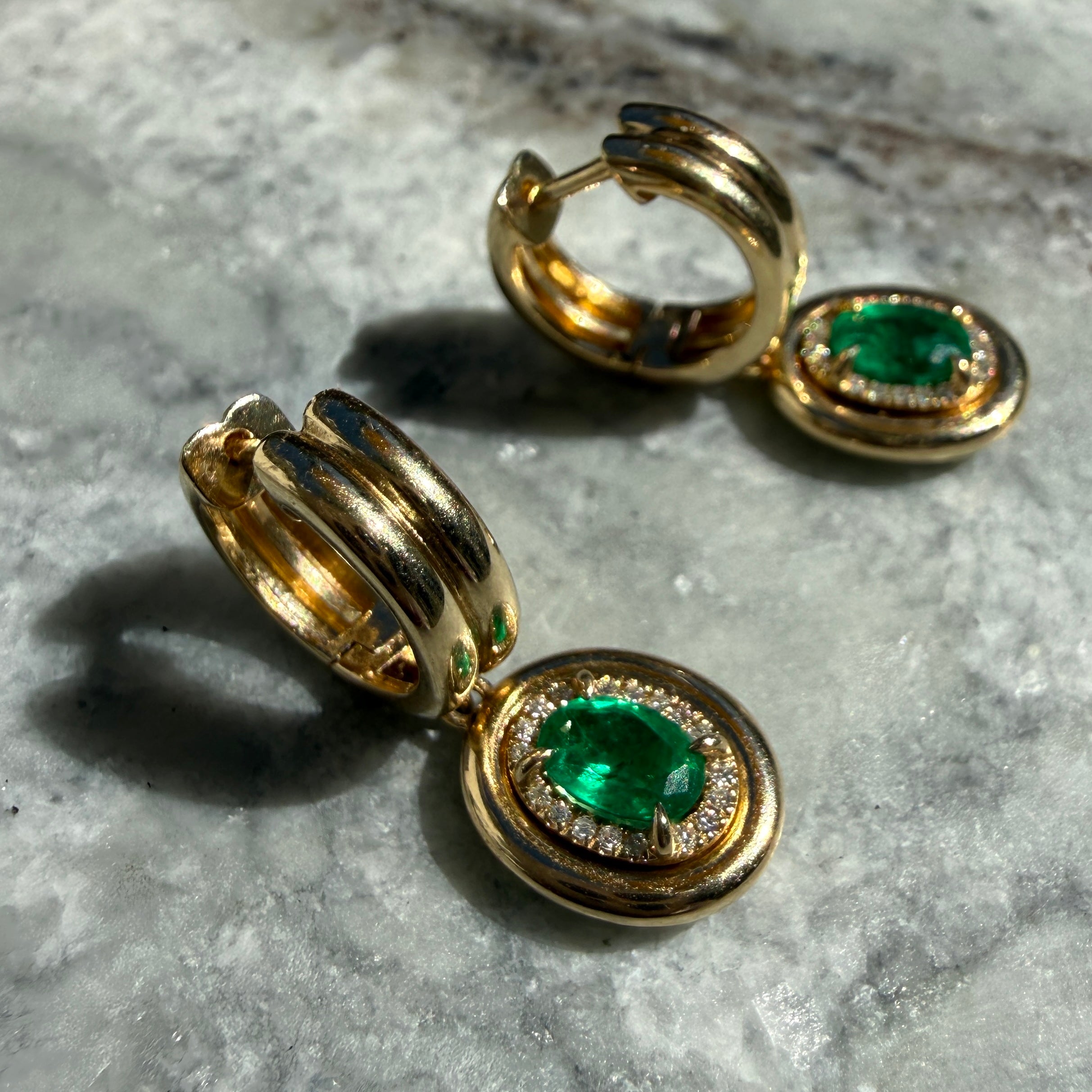 14k Yellow Gold Oval Emerald & Diamond Halo Double Huggie Earrings