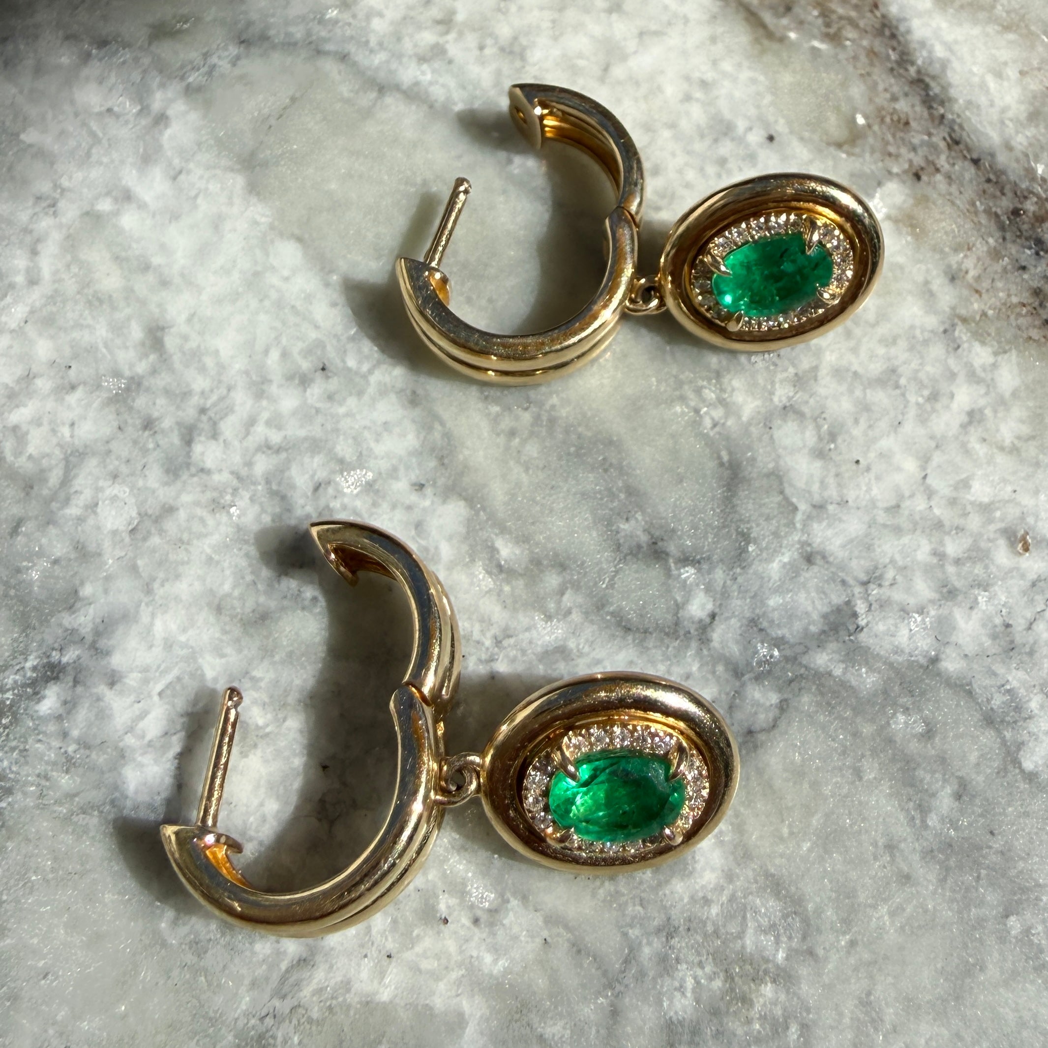 14k Yellow Gold Oval Emerald & Diamond Halo Double Huggie Earrings