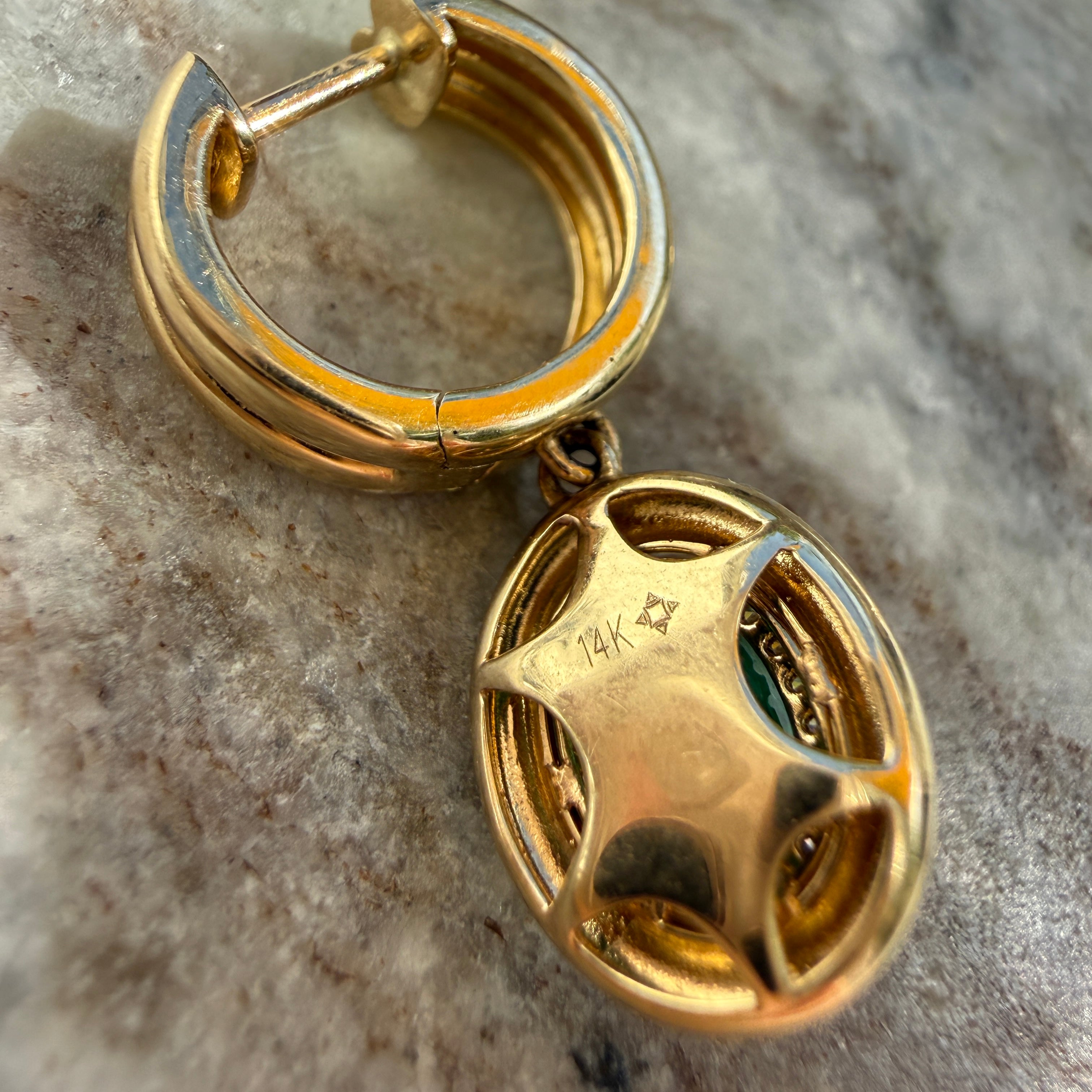 14k Yellow Gold Oval Emerald & Diamond Halo Double Huggie Earrings