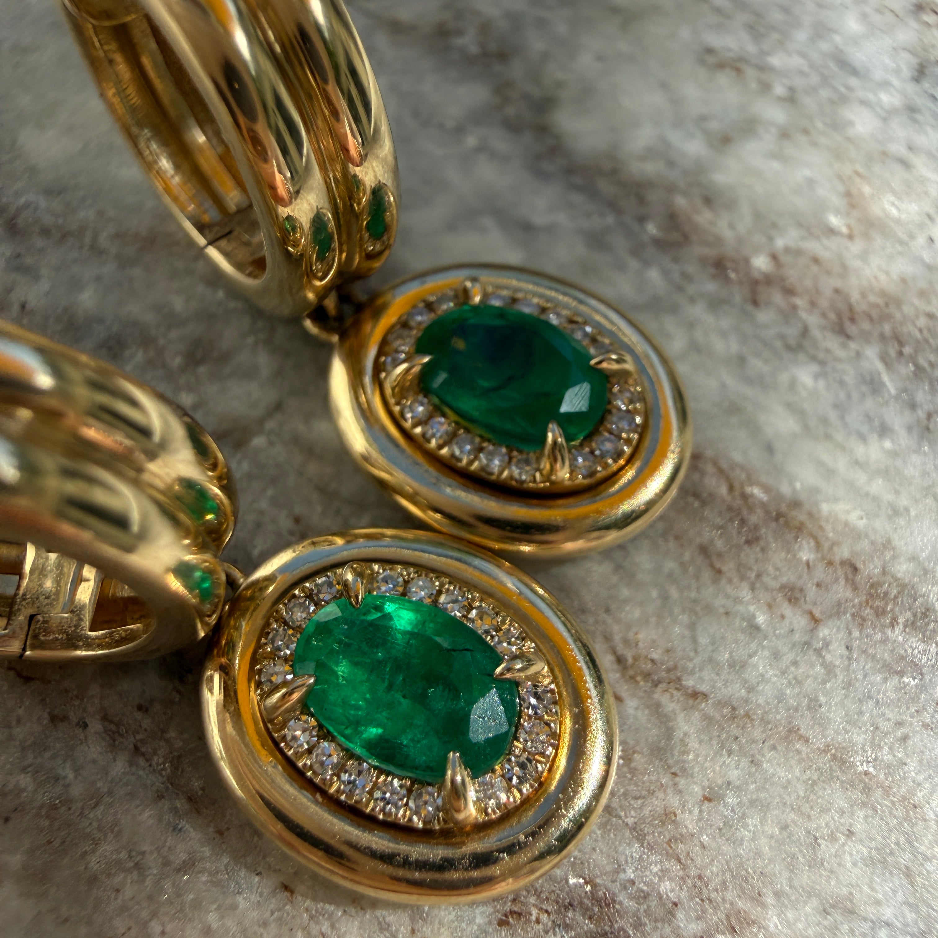 14k Yellow Gold Oval Emerald & Diamond Halo Double Huggie Earrings