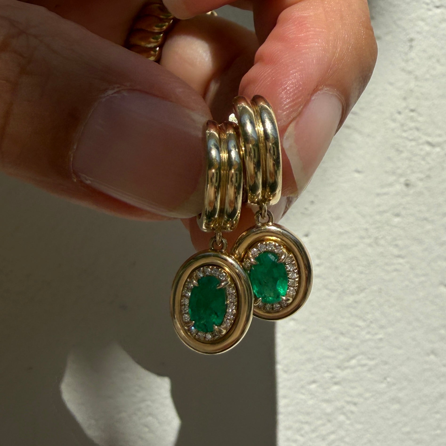 14k Yellow Gold Oval Emerald & Diamond Halo Double Huggie Earrings