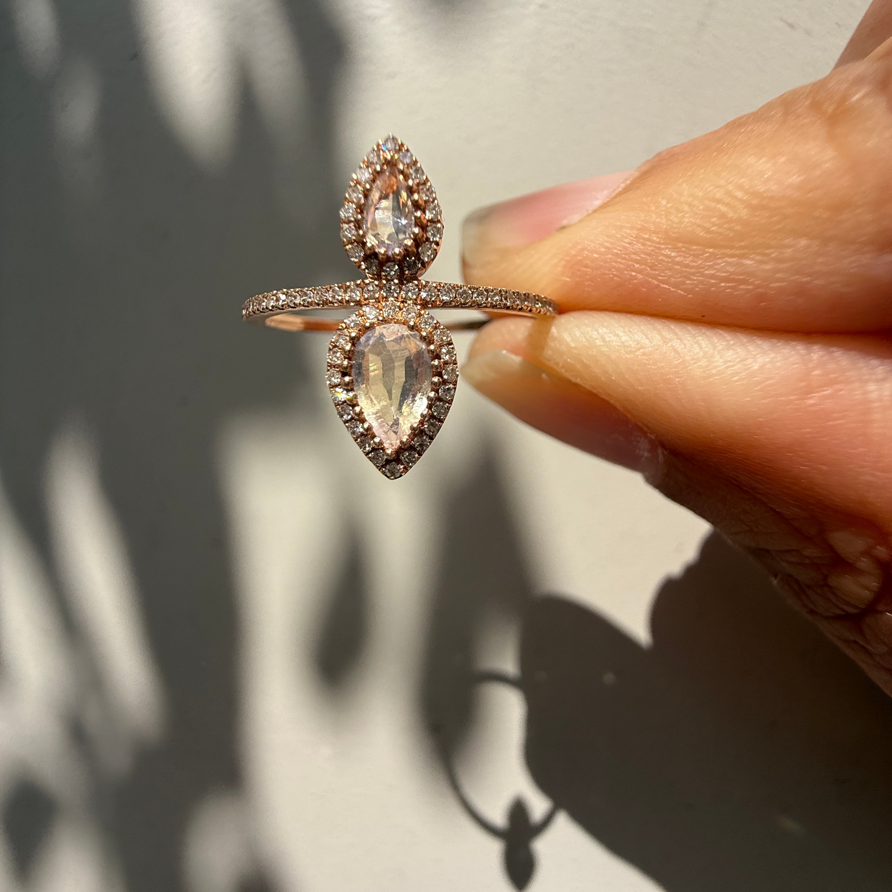 14k Rose Gold Double Pear Cut Moonstone Diamond Halo Ring