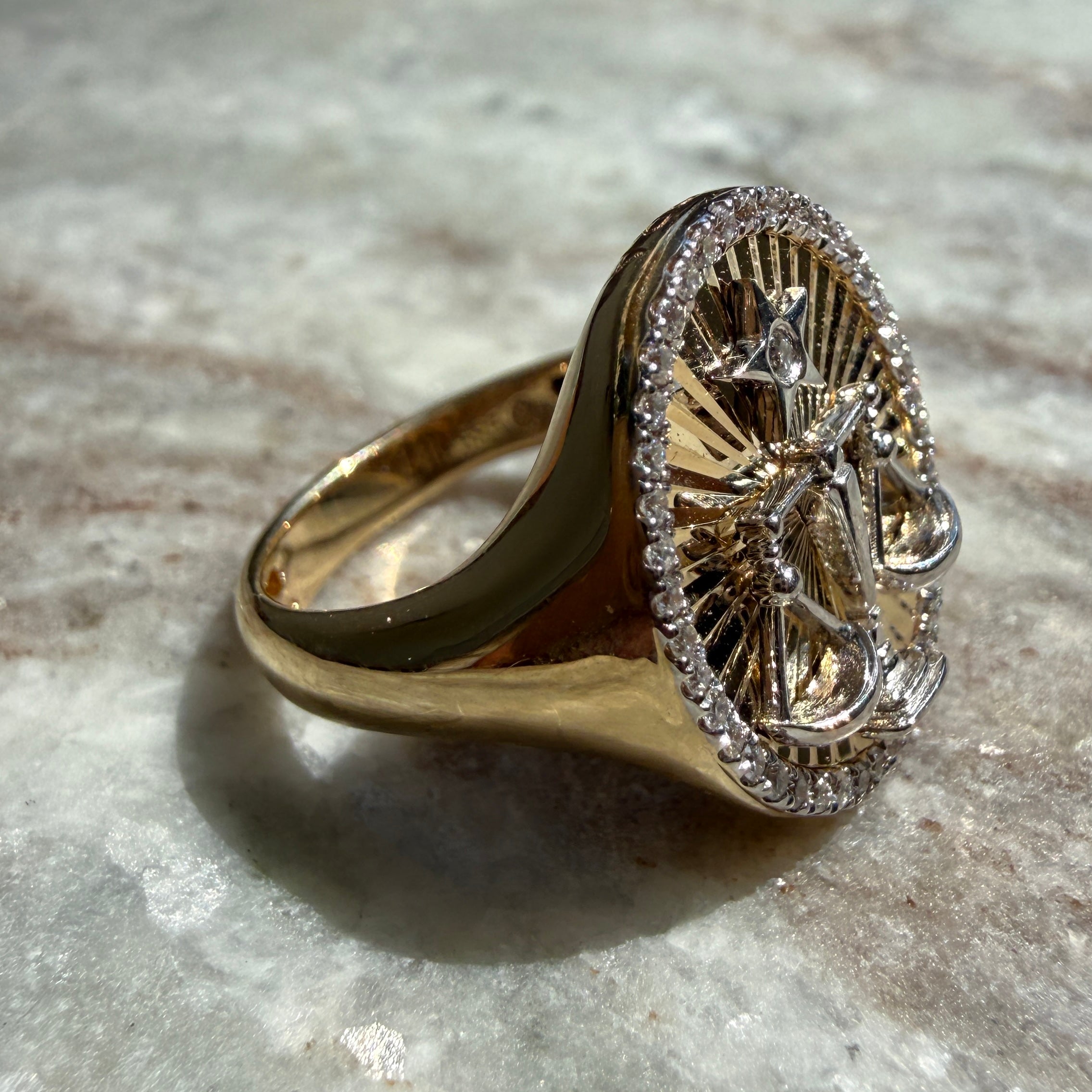 14k Two-Tone Gold Diamond Libra Zodiac Signet Ring
