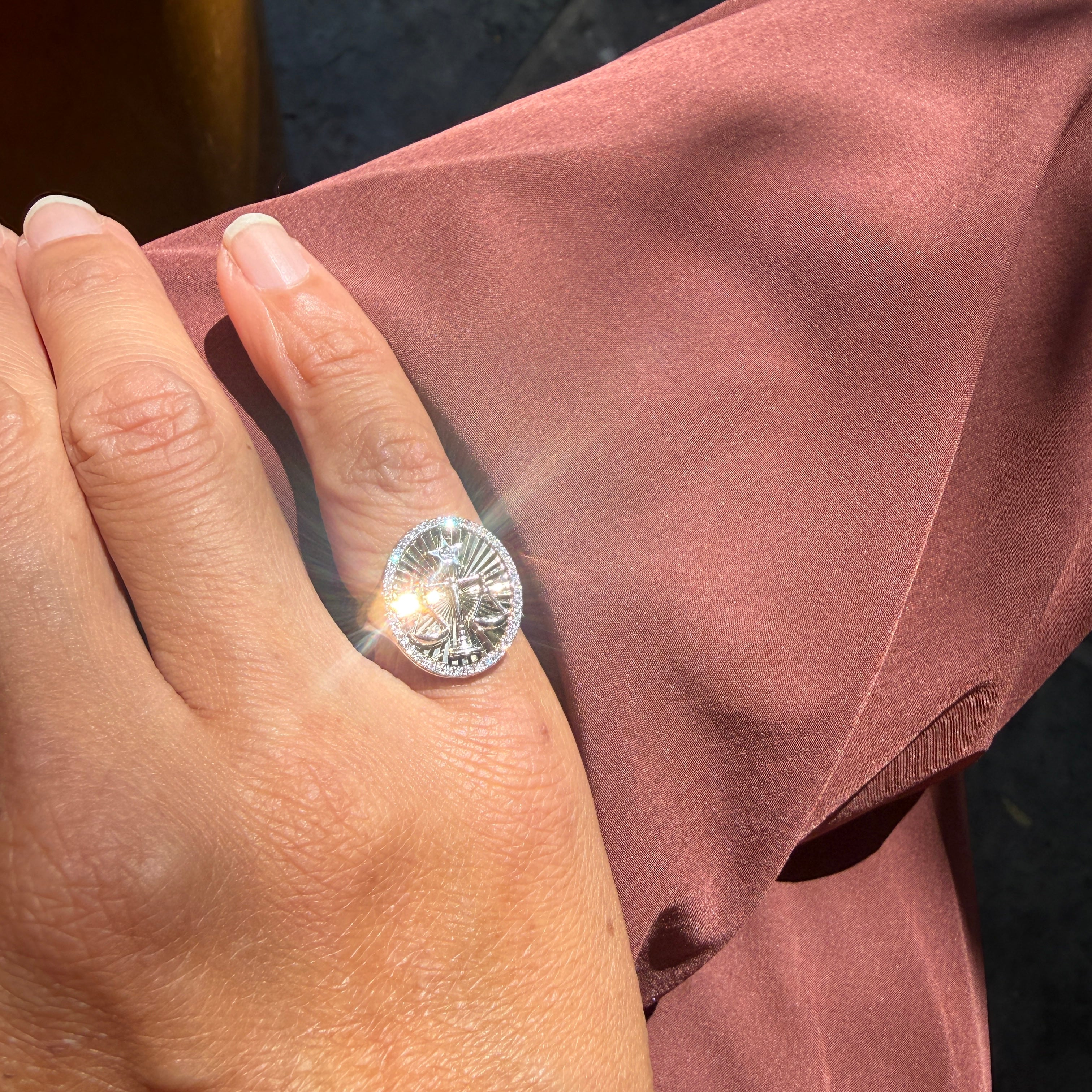 14k Two-Tone Gold Diamond Libra Zodiac Signet Ring