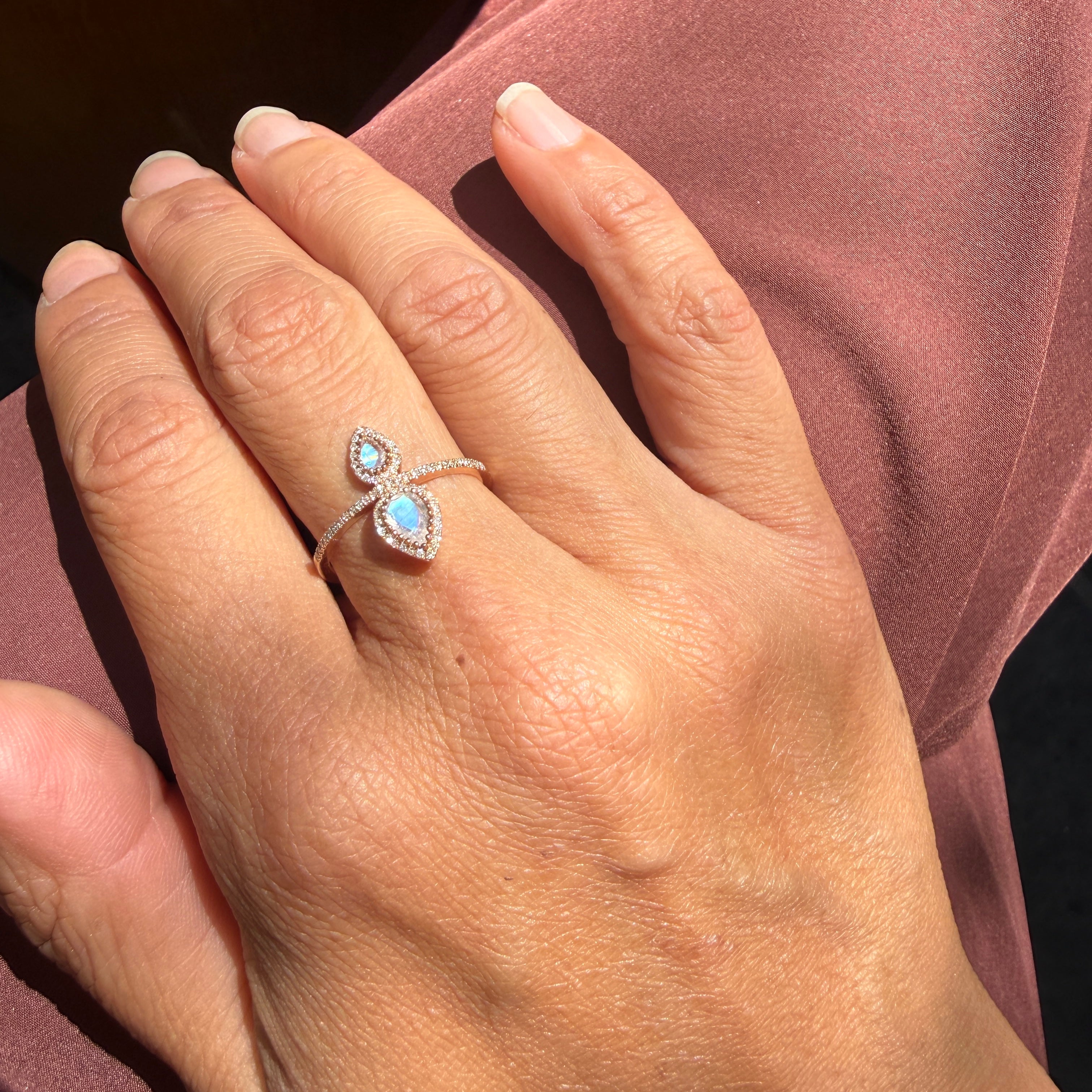 14k Rose Gold Double Pear Cut Moonstone Diamond Halo Ring