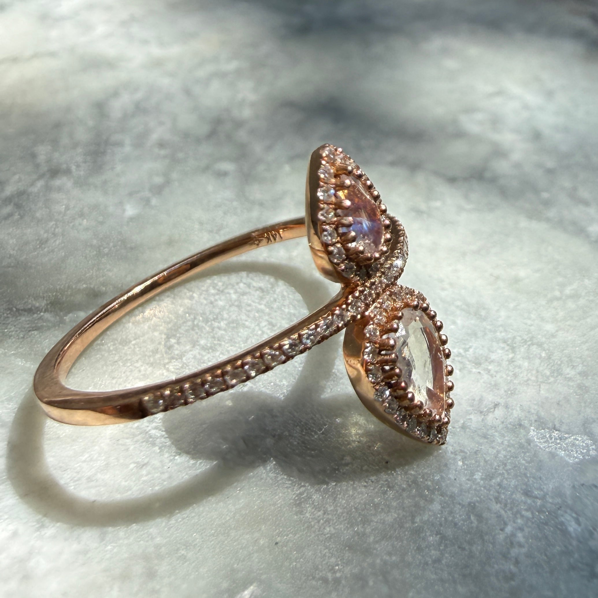 14k Rose Gold Double Pear Cut Moonstone Diamond Halo Ring