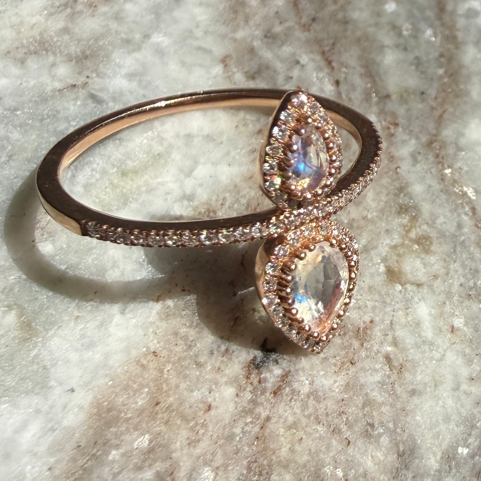 14k Rose Gold Double Pear Cut Moonstone Diamond Halo Ring