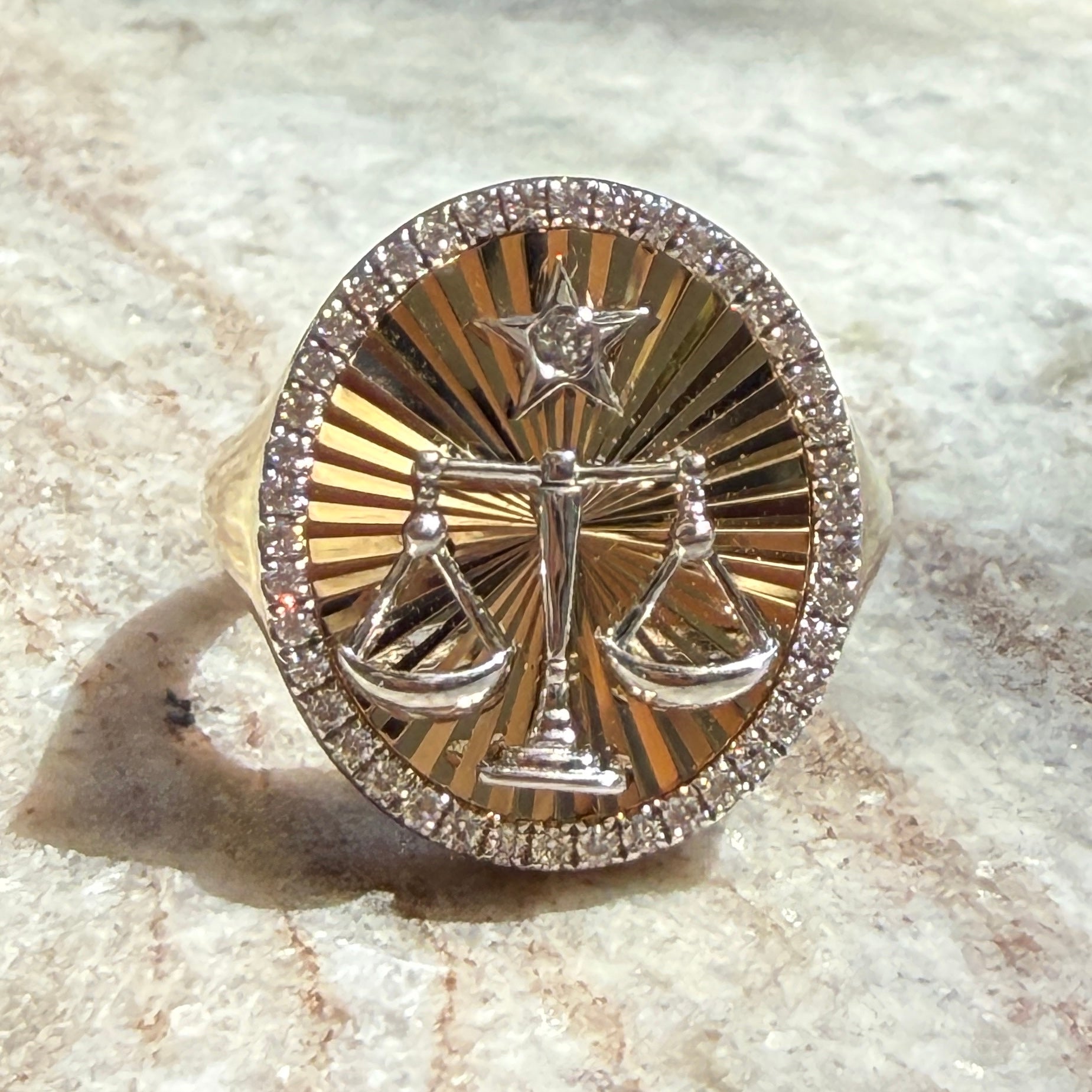 14k Two-Tone Gold Diamond Libra Zodiac Signet Ring