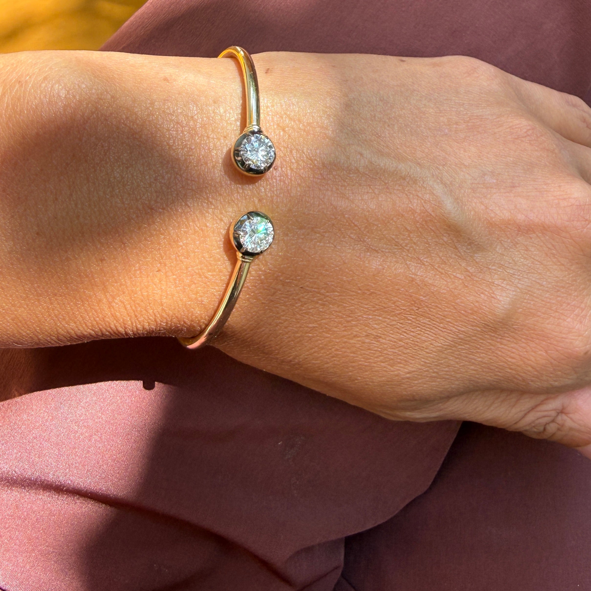 14k Yellow Gold Flexible Diamond Cuff Bangle with Black Rhodium Bezels