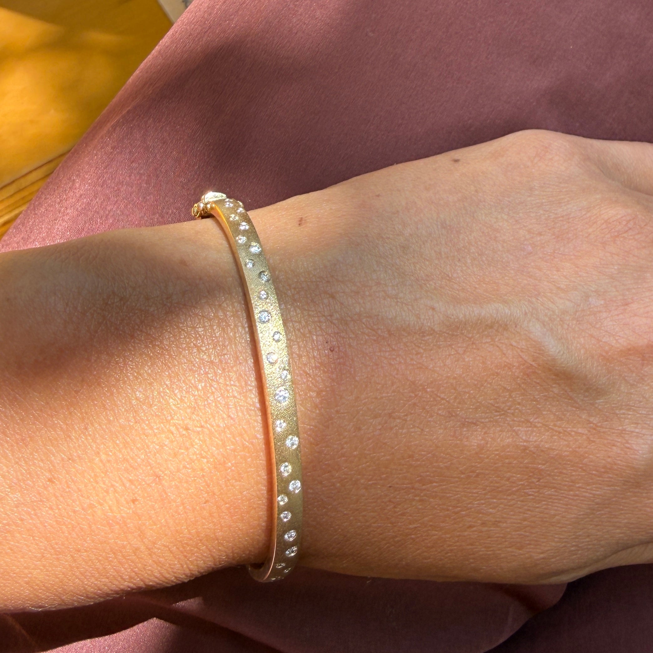 14k Satin Yellow Gold Diamond Celestial Bangle Bracelet