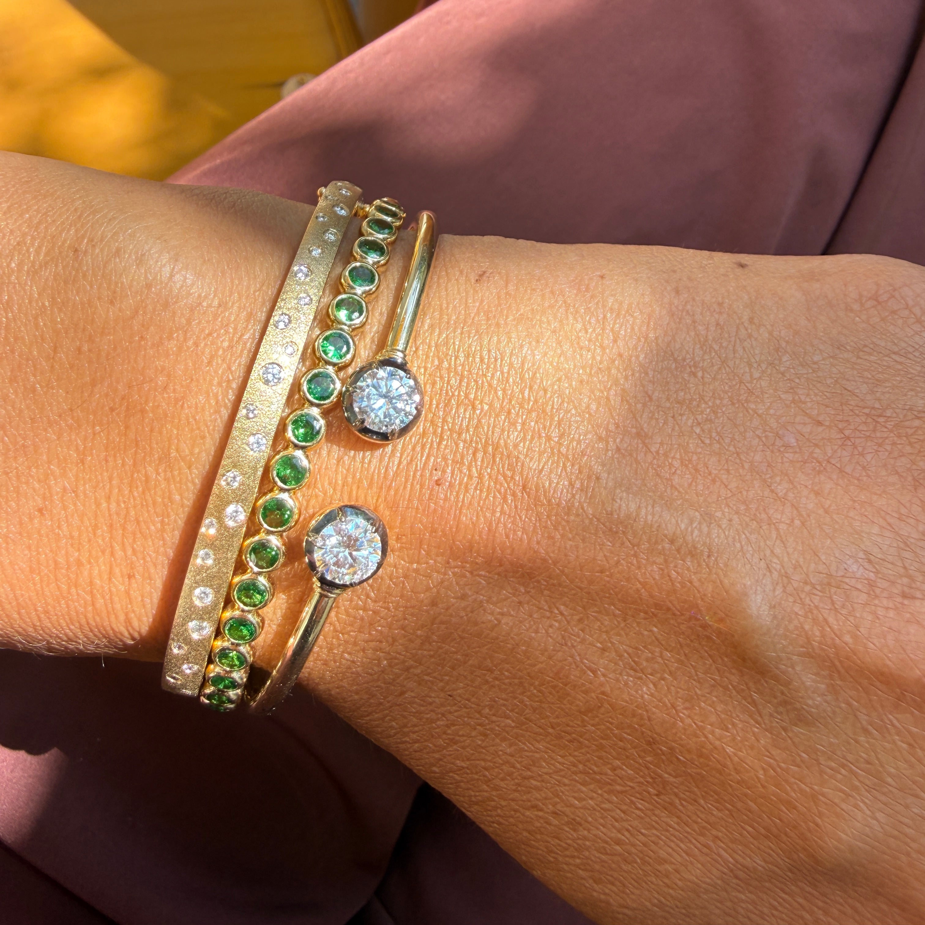14k Satin Yellow Gold Diamond Celestial Bangle Bracelet