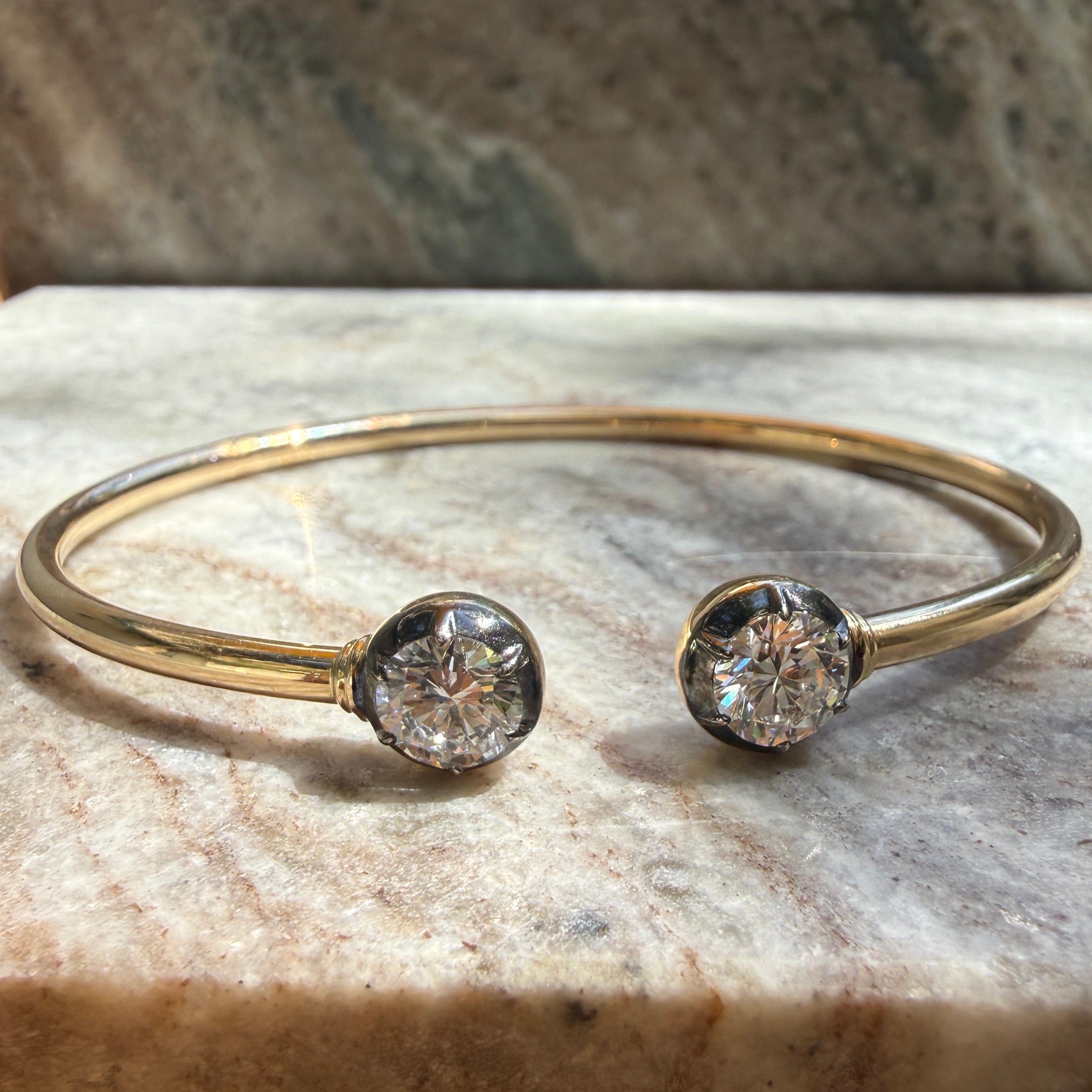 14k Yellow Gold Flexible Diamond Cuff Bangle with Black Rhodium Bezels