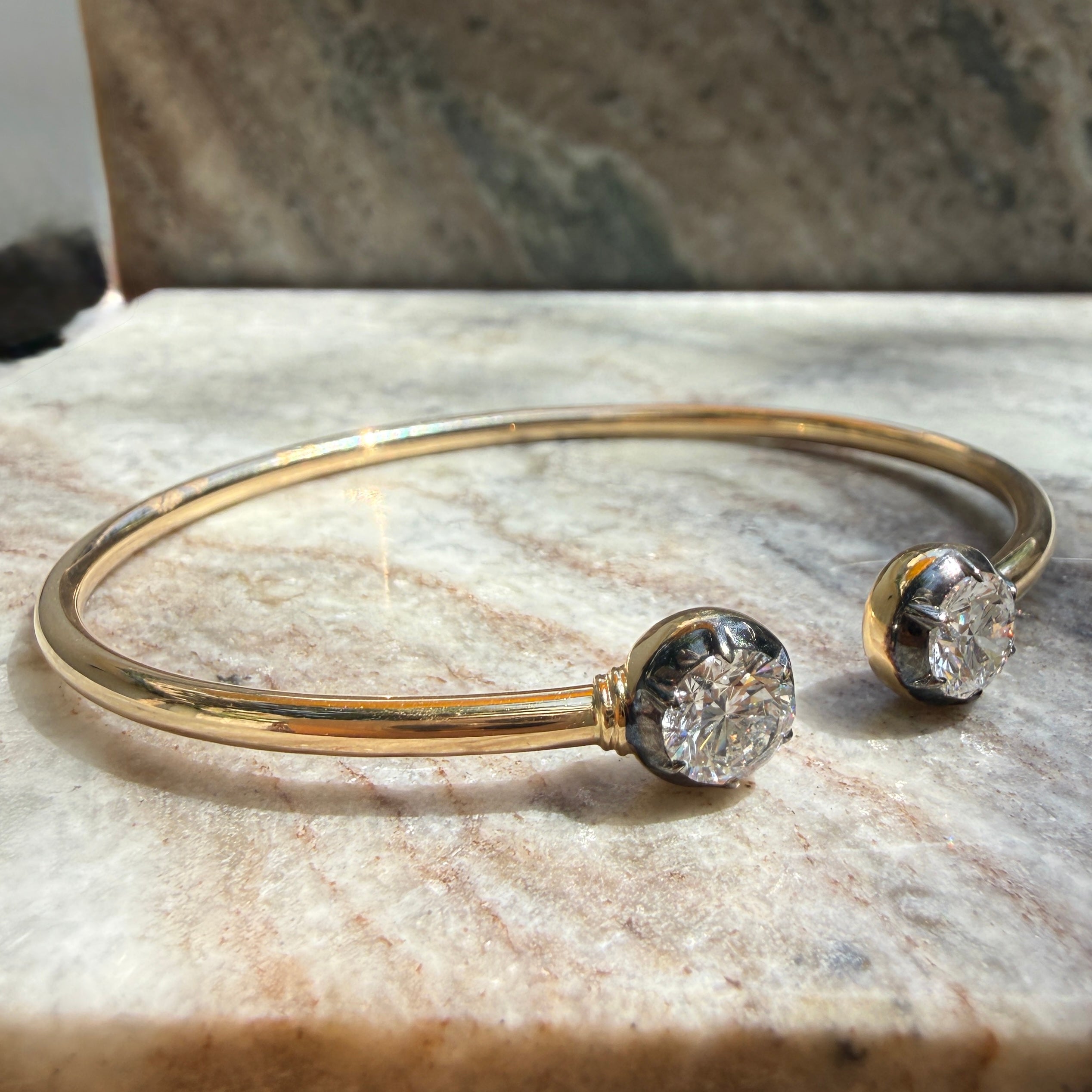 14k Yellow Gold Flexible Diamond Cuff Bangle with Black Rhodium Bezels