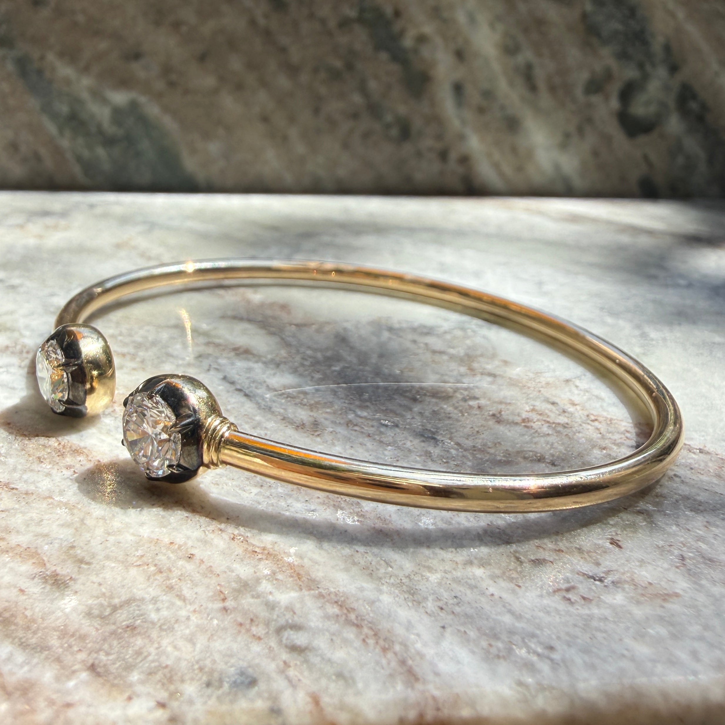 14k Yellow Gold Flexible Diamond Cuff Bangle with Black Rhodium Bezels