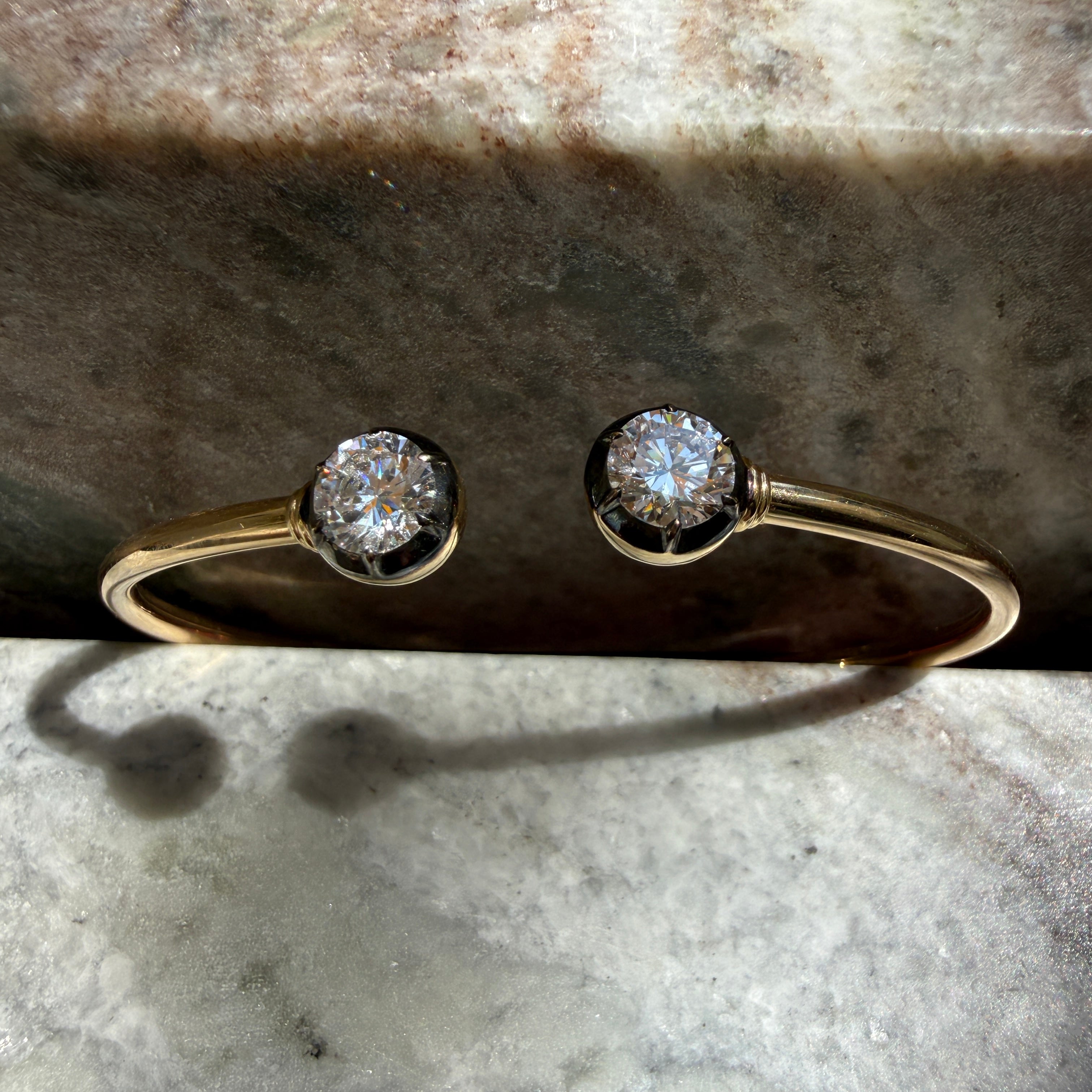 14k Yellow Gold Flexible Diamond Cuff Bangle with Black Rhodium Bezels