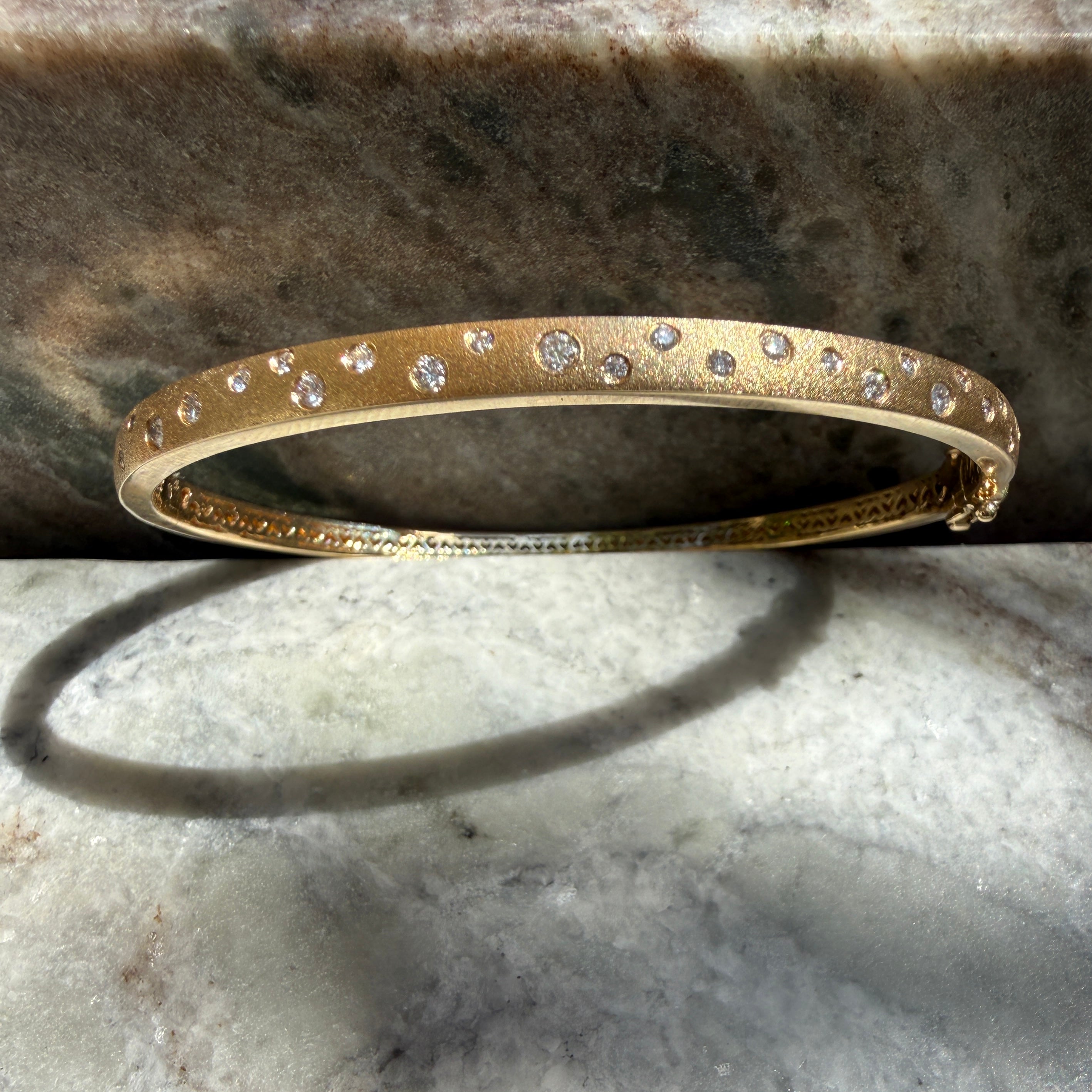 14k Satin Yellow Gold Diamond Celestial Bangle Bracelet