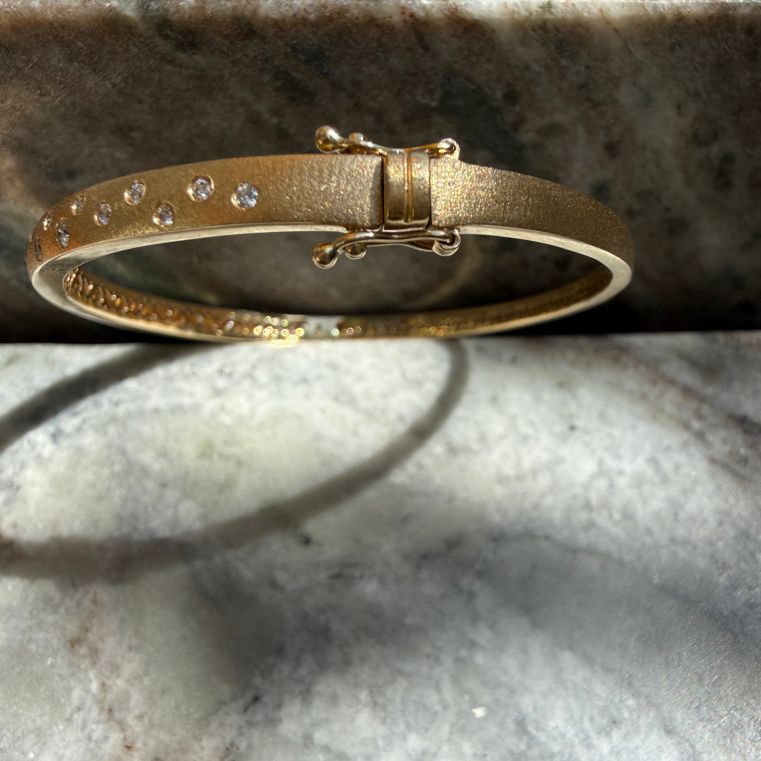 14k Satin Yellow Gold Diamond Celestial Bangle Bracelet