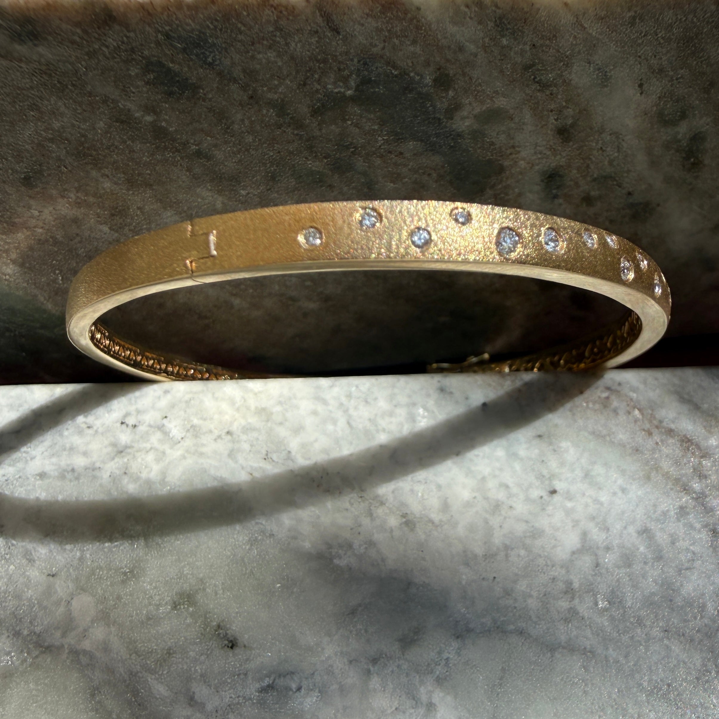 14k Satin Yellow Gold Diamond Celestial Bangle Bracelet