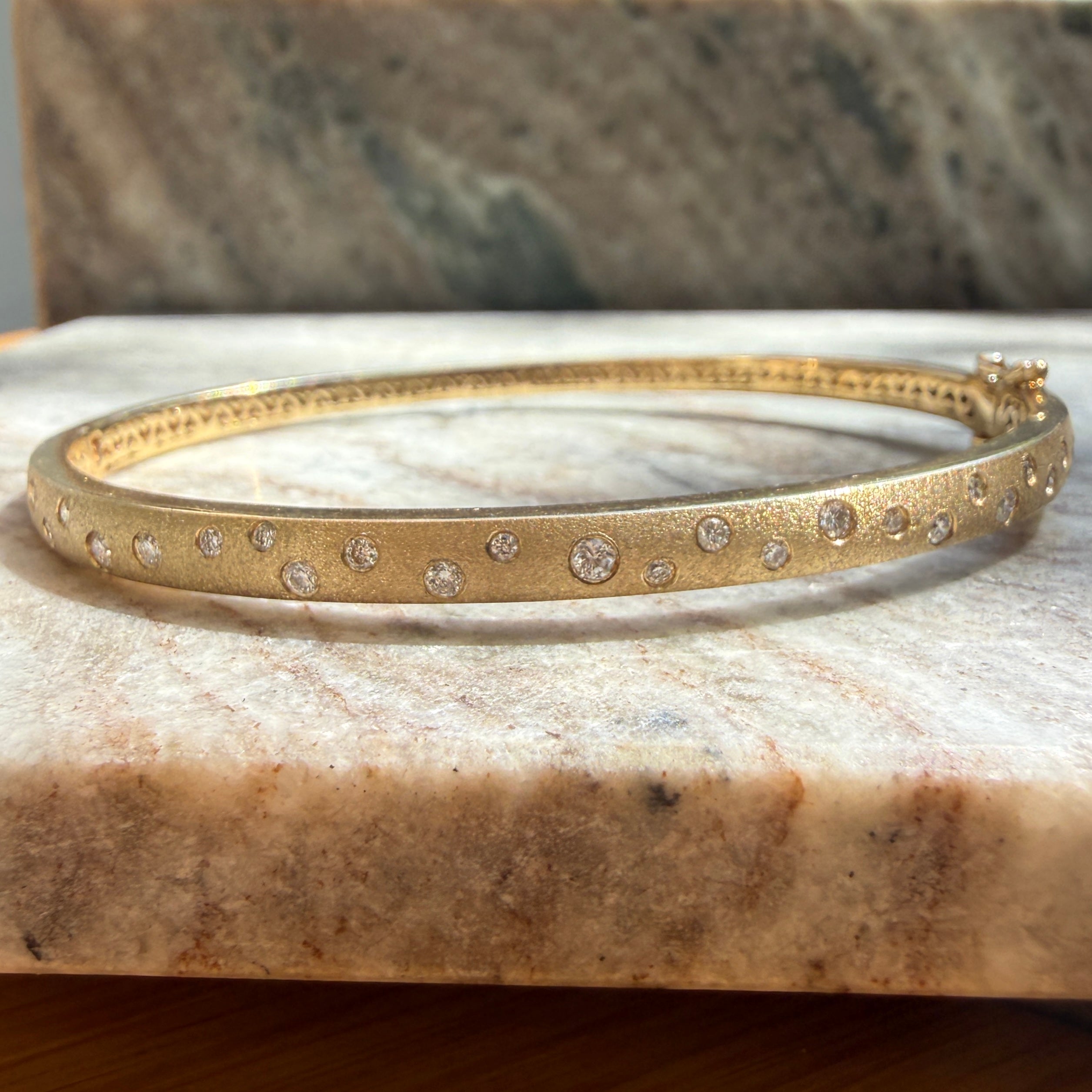 14k Satin Yellow Gold Diamond Celestial Bangle Bracelet