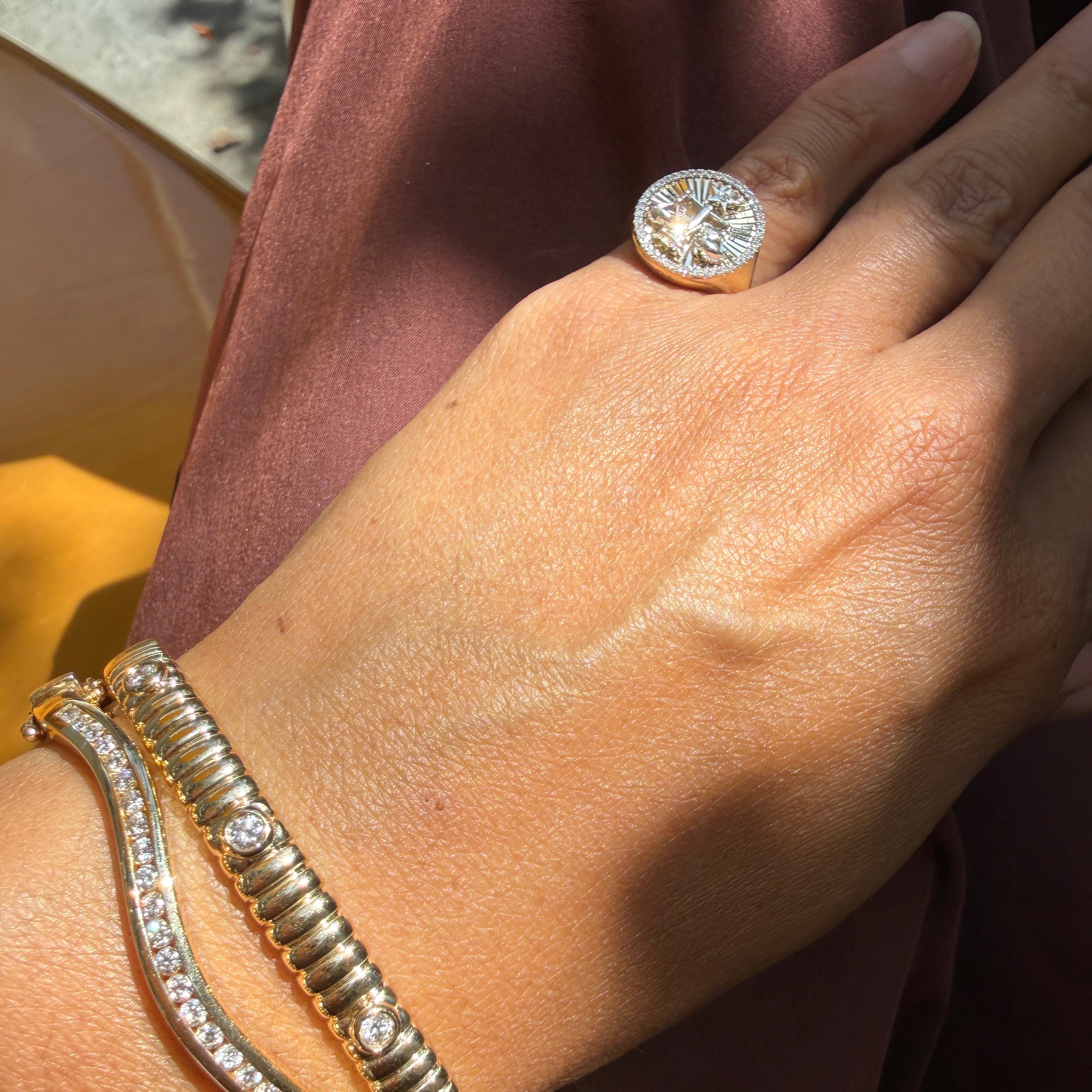 14k Two-Tone Gold Diamond Libra Zodiac Signet Ring