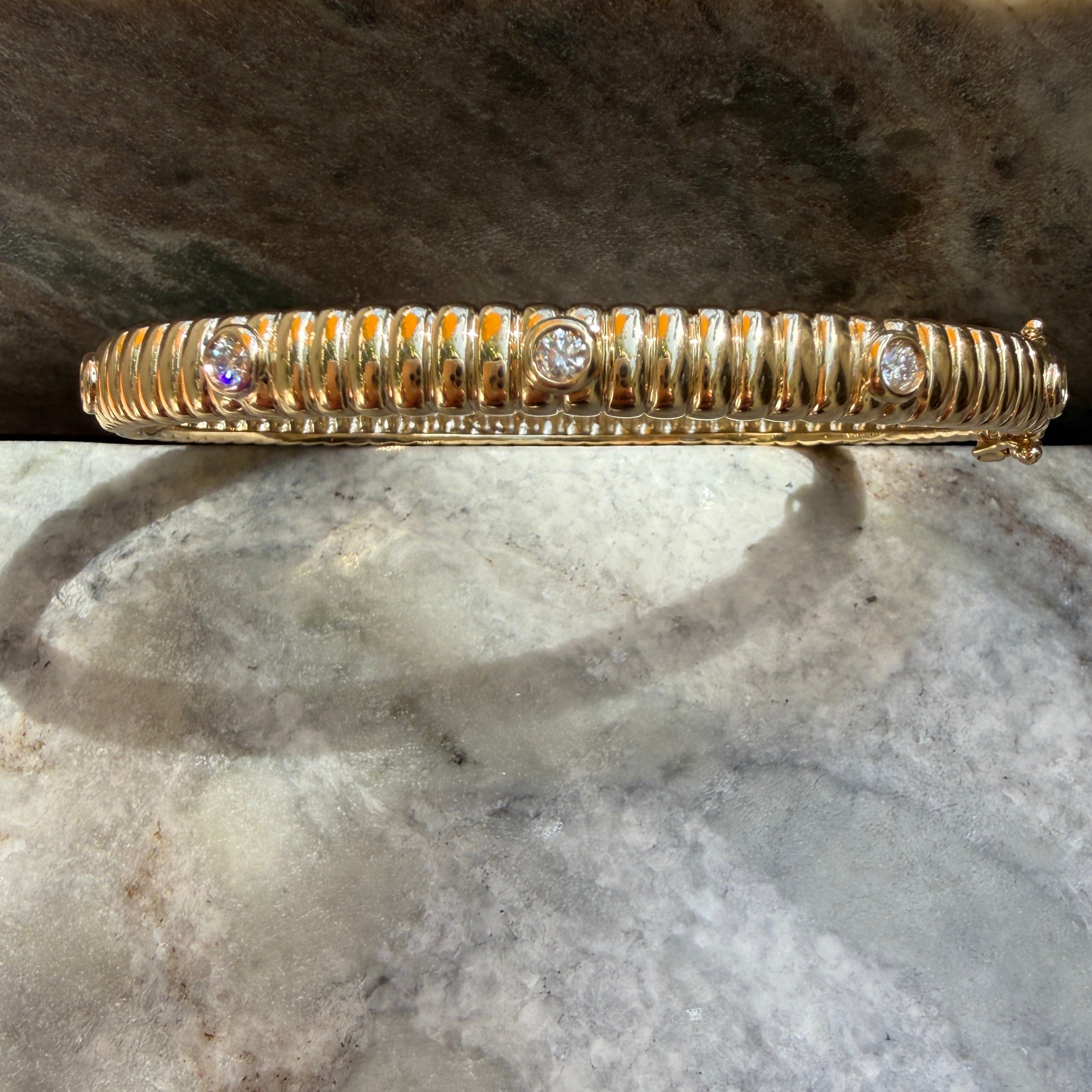 14k Yellow Gold Fluted Diamond Bezel Bangle