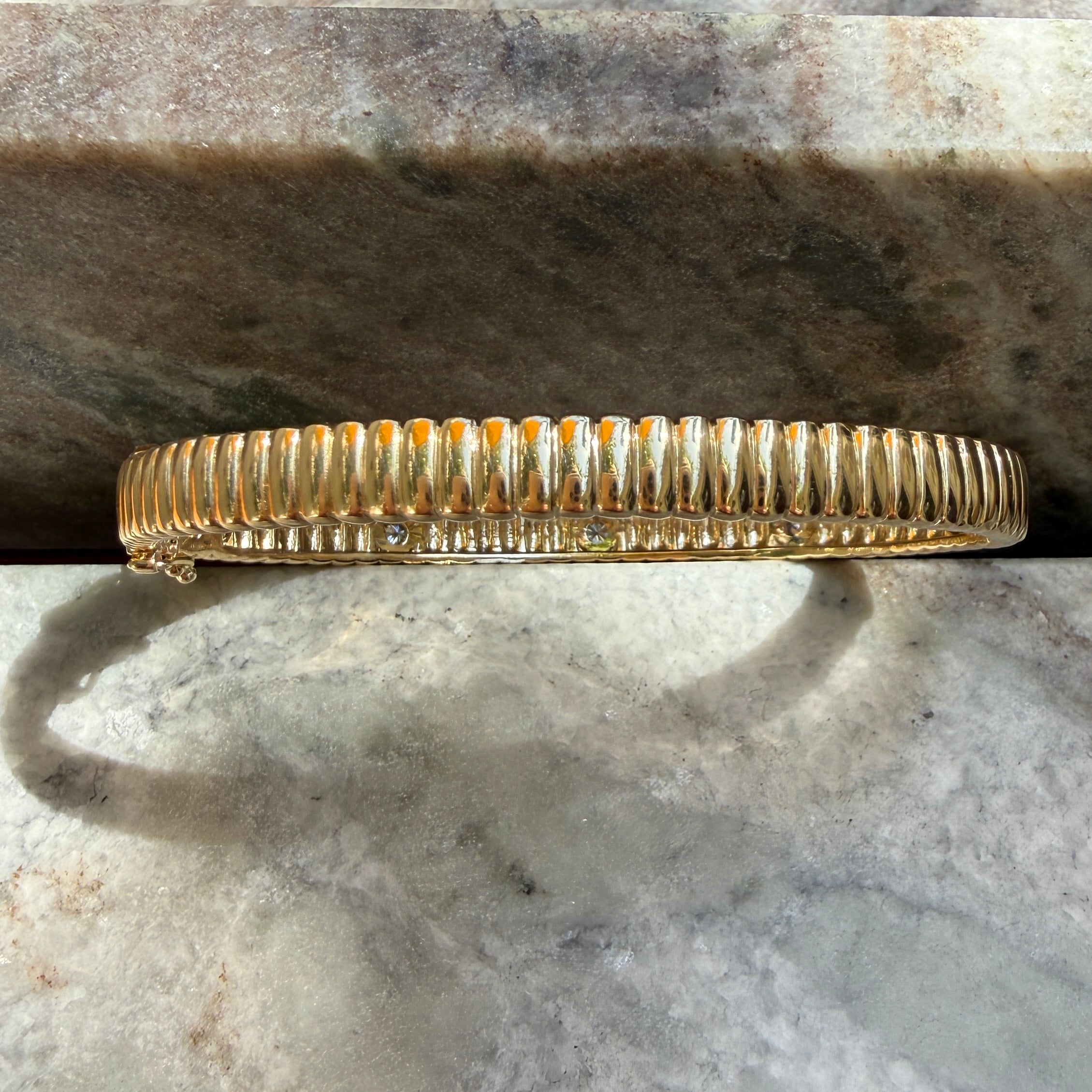 14k Yellow Gold Fluted Diamond Bezel Bangle