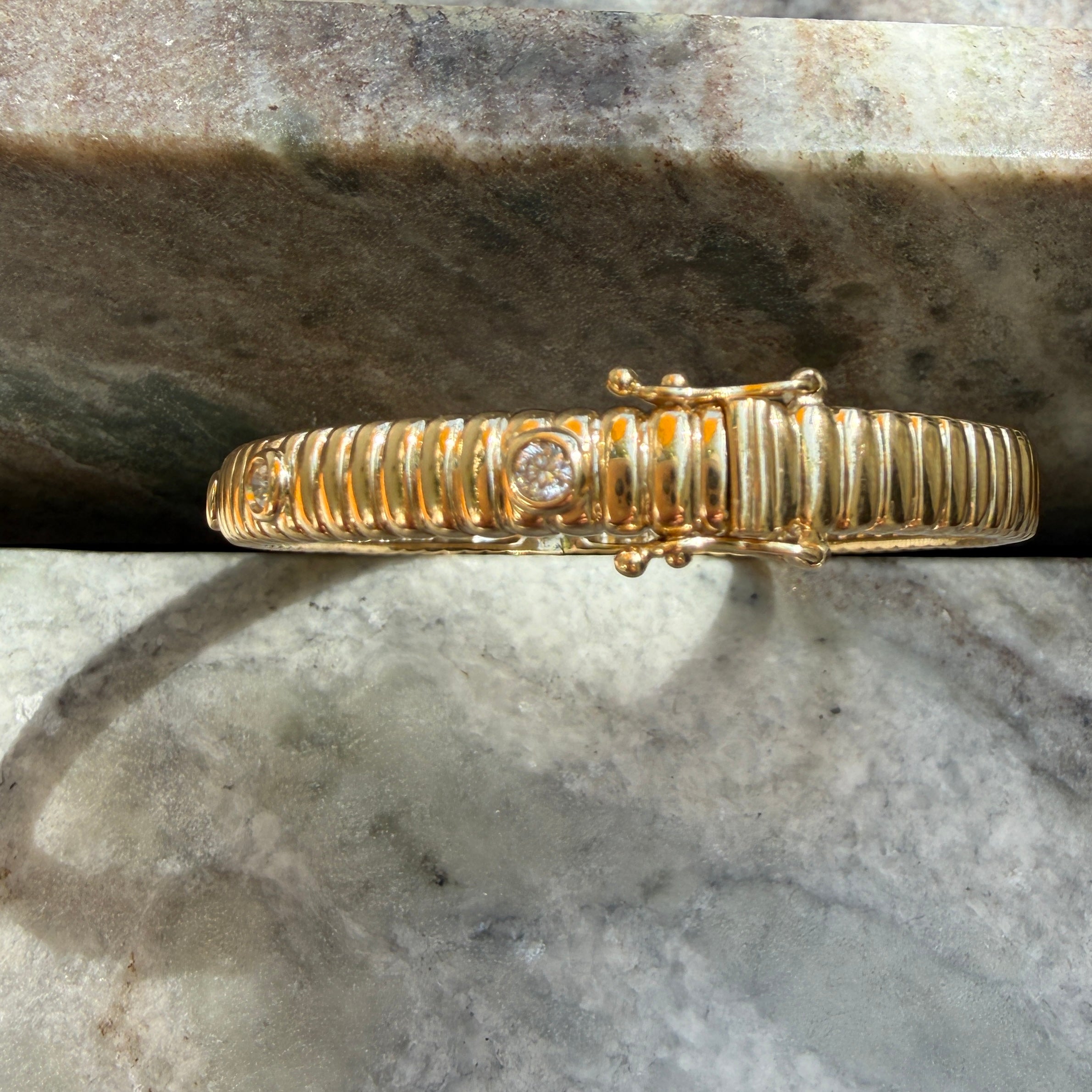 14k Yellow Gold Fluted Diamond Bezel Bangle